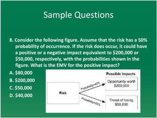 Sample Questions

8. Consider the following figure. Assume that the risk has a 50%
   probability of occurrence. If the risk does occur, it could have
   a positive or a negative impact equivalent to $200,000 or
   $50,000, respectively, with the probabilities shown in the
   figure. What is the EMV for the positive impact?
A. $80,000
B. $200,000
C. $50,000
D. $40,000
 