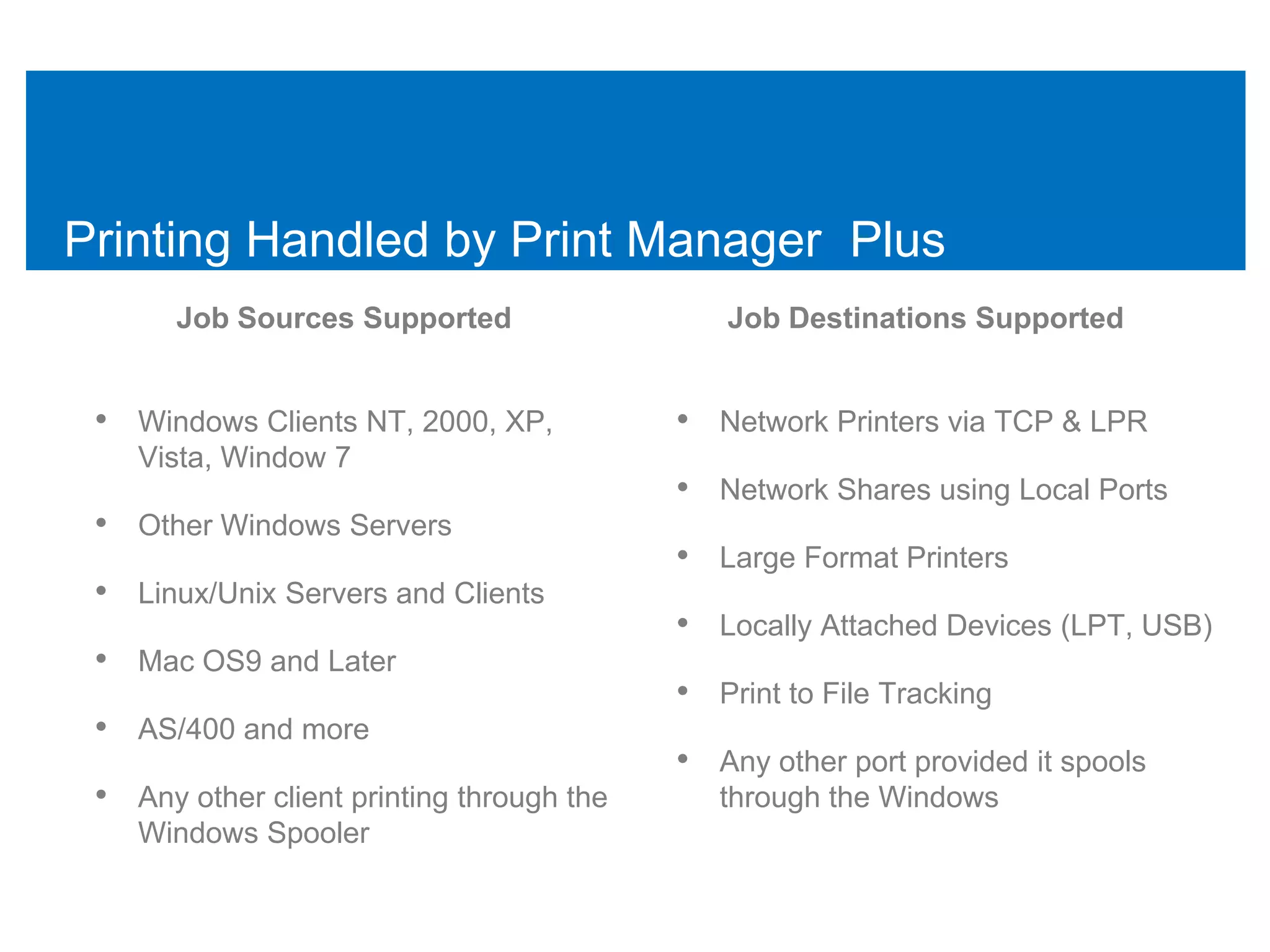 Printing Handled by Print Manager Plus
       Job Sources Supported                  Job Destinations Supported


 • Windows Clients NT, 2000, XP,           • Network Printers via TCP & LPR
    Vista, Window 7
                                           • Network Shares using Local Ports
 • Other Windows Servers
                                           • Large Format Printers
 • Linux/Unix Servers and Clients
                                           • Locally Attached Devices (LPT, USB)
 • Mac OS9 and Later
                                           • Print to File Tracking
 • AS/400 and more
                                           • Any other port provided it spools
 • Any other client printing through the      through the Windows
    Windows Spooler
 