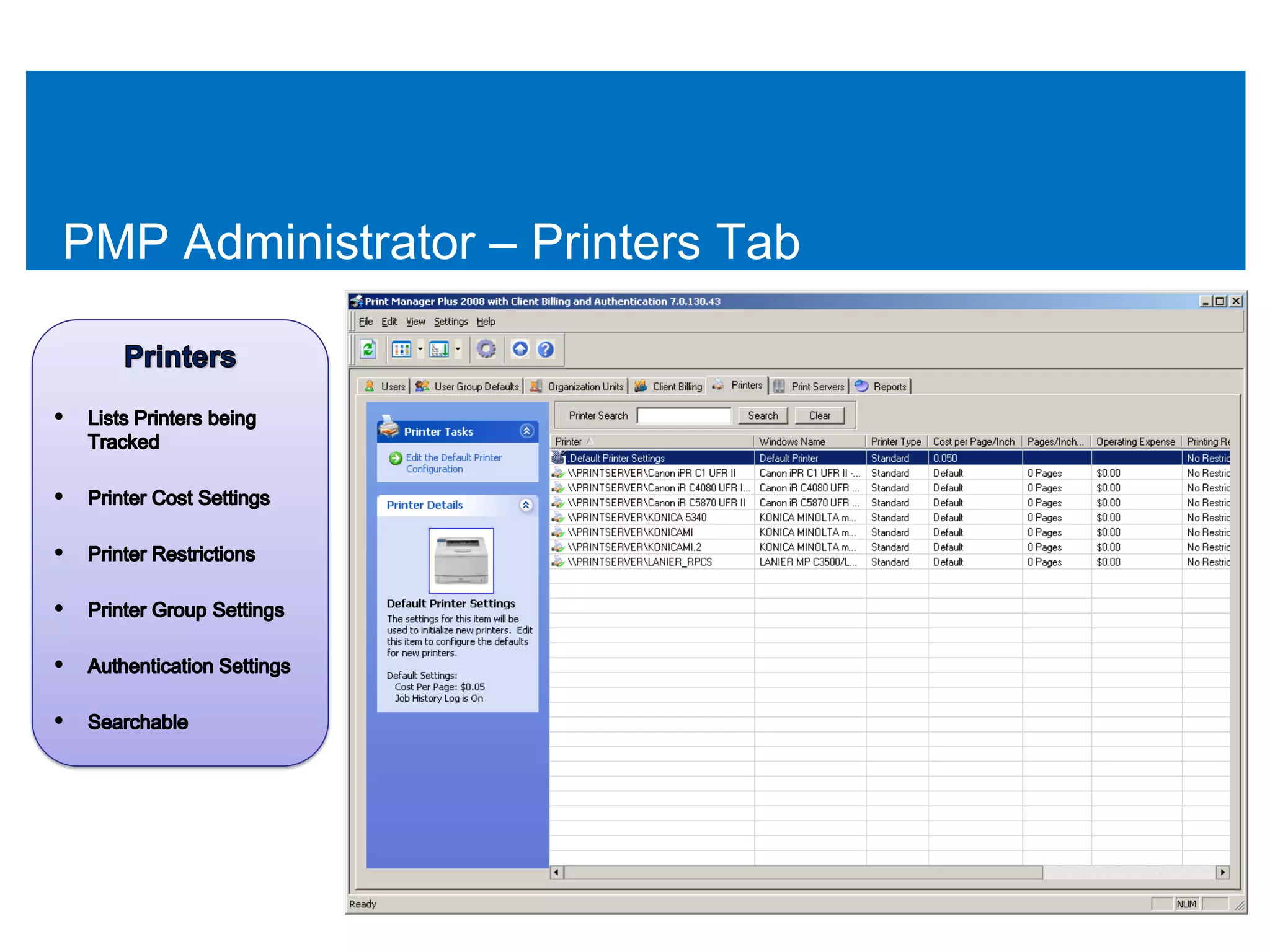 PMP Administrator – Printers Tab
 