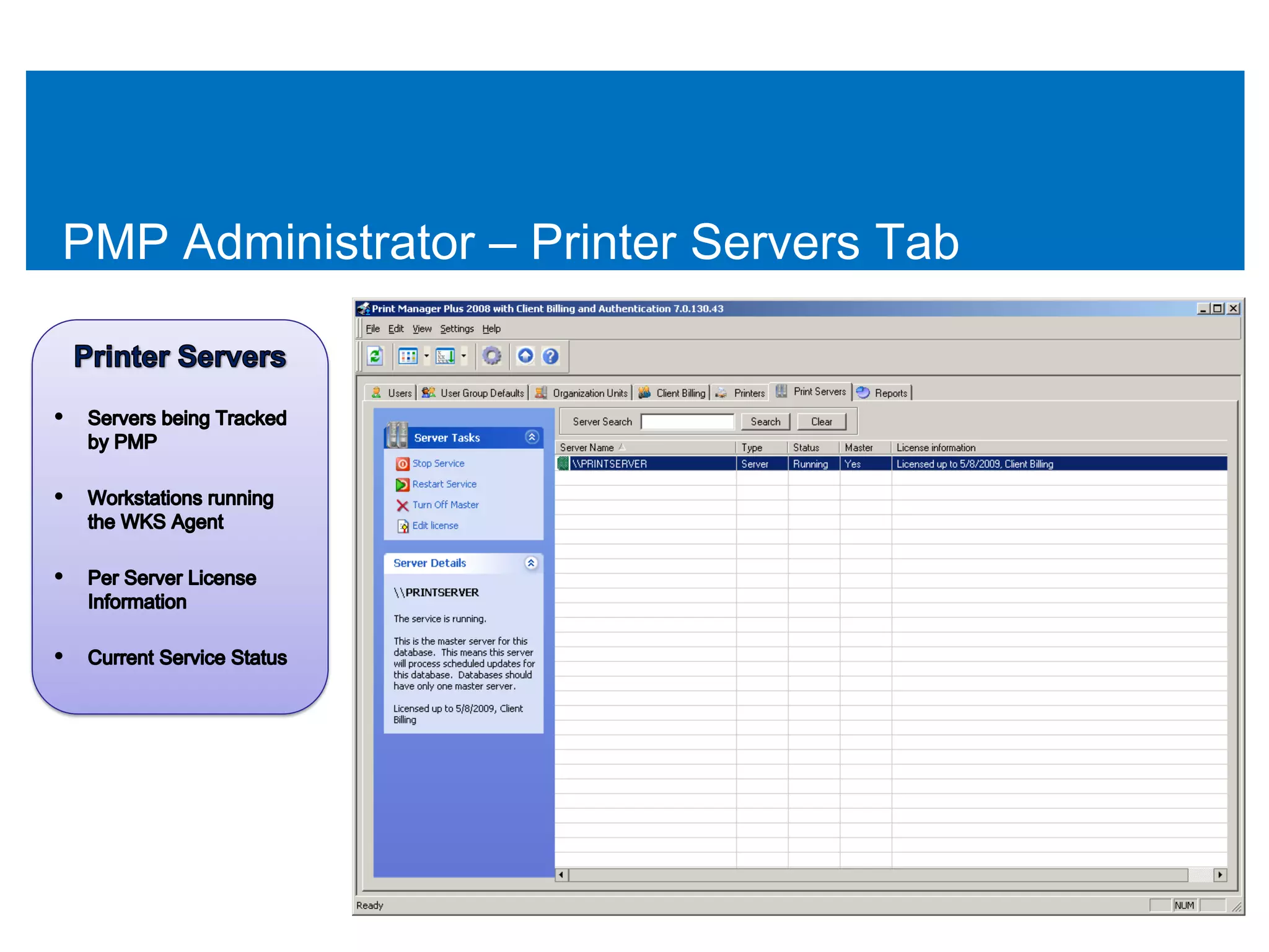 PMP Administrator – Printer Servers Tab
 