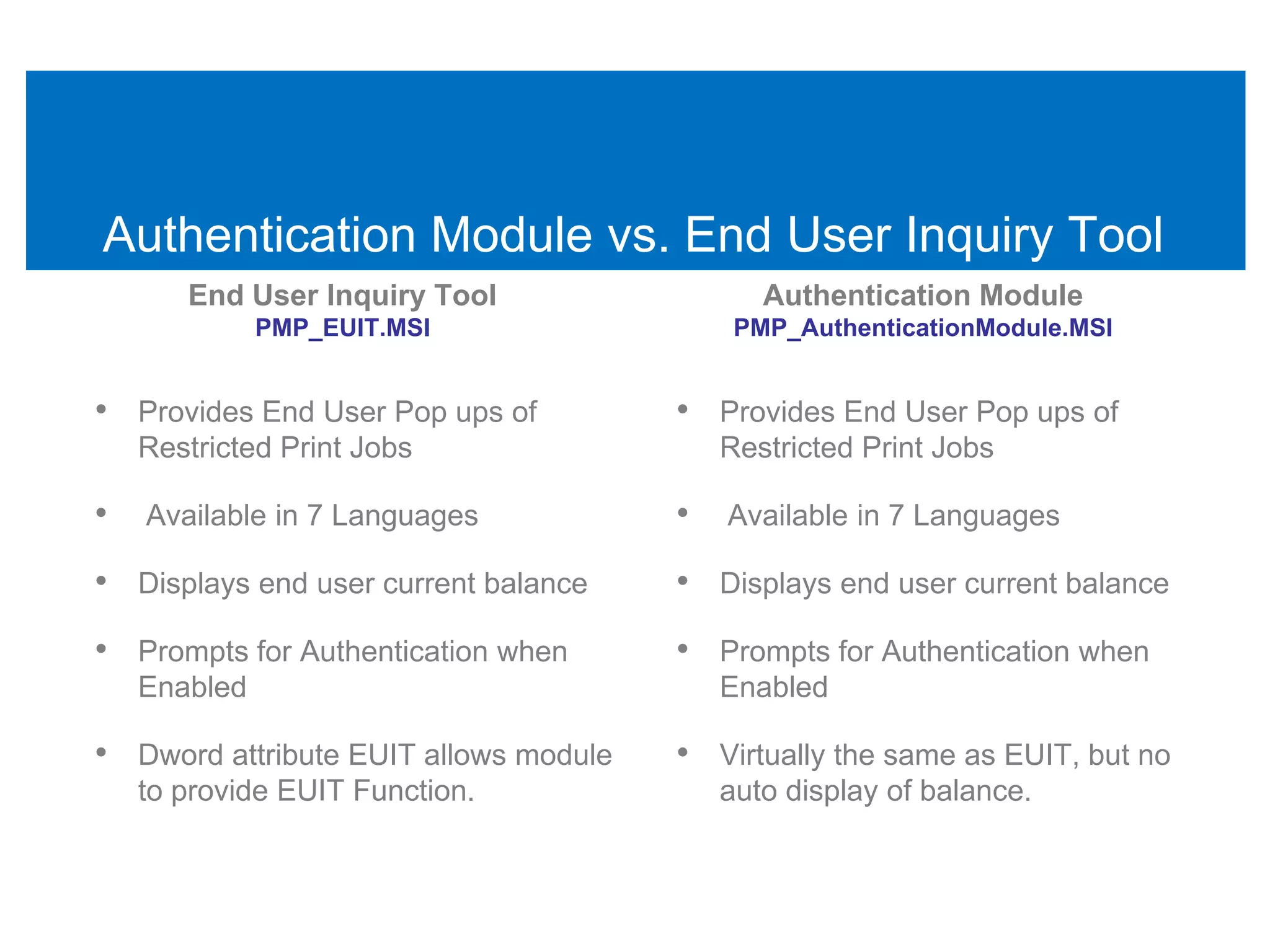 Authentication Module vs. End User Inquiry Tool
       End User Inquiry Tool                  Authentication Module
              PMP_EUIT.MSI                  PMP_AuthenticationModule.MSI


• Provides End User Pop ups of         • Provides End User Pop ups of
    Restricted Print Jobs                  Restricted Print Jobs

•   Available in 7 Languages           •   Available in 7 Languages

• Displays end user current balance    • Displays end user current balance
• Prompts for Authentication when      • Prompts for Authentication when
    Enabled                                Enabled

• Dword attribute EUIT allows module   • Virtually the same as EUIT, but no
    to provide EUIT Function.              auto display of balance.
 