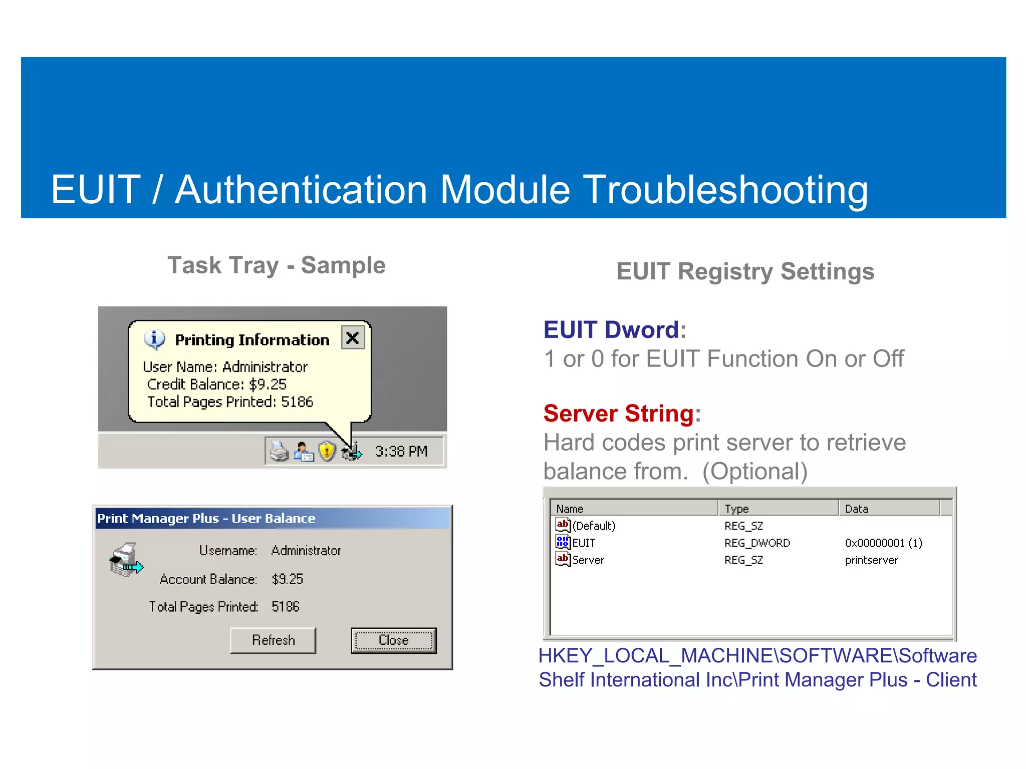 EUIT / Authentication Module Troubleshooting
      Task Tray - Sample            EUIT Registry Settings

                           EUIT Dword:
                           1 or 0 for EUIT Function On or Off

                           Server String:
                           Hard codes print server to retrieve
                           balance from. (Optional)




                           HKEY_LOCAL_MACHINESOFTWARESoftware
                           Shelf International IncPrint Manager Plus - Client
 
