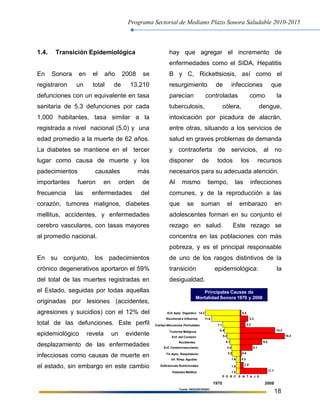 Programa Sectorial de Mediano Plazo Sonora Saludable 2010-2015
18
1.4. Transición Epidemiológica
En Sonora en el año 2008 se
registraron un total de 13,210
defunciones con un equivalente en tasa
sanitaria de 5.3 defunciones por cada
1,000 habitantes, tasa similar a la
registrada a nivel nacional (5.0) y una
edad promedio a la muerte de 62 años.
La diabetes se mantiene en el tercer
lugar como causa de muerte y los
padecimientos causales más
importantes fueron en orden de
frecuencia las enfermedades del
corazón, tumores malignos, diabetes
mellitus, accidentes, y enfermedades
cerebro vasculares, con tasas mayores
al promedio nacional.
En su conjunto, los padecimientos
crónico degenerativos aportaron el 59%
del total de las muertes registradas en
el Estado, seguidas por todas aquellas
originadas por lesiones (accidentes,
agresiones y suicidios) con el 12% del
total de las defunciones. Este perfil
epidemiológico revela un evidente
desplazamiento de las enfermedades
infecciosas como causas de muerte en
el estado, sin embargo en este cambio
hay que agregar el incremento de
enfermedades como el SIDA, Hepatitis
B y C, Rickettsiosis, así como el
resurgimiento de infecciones que
parecían controladas como la
tuberculosis, cólera, dengue,
intoxicación por picadura de alacrán,
entre otras, situando a los servicios de
salud en graves problemas de demanda
y contraoferta de servicios, al no
disponer de todos los recursos
necesarios para su adecuada atención.
Al mismo tiempo, las infecciones
comunes, y de la reproducción a las
que se suman el embarazo en
adolescentes forman en su conjunto el
rezago en salud. Este rezago se
concentra en las poblaciones con más
pobreza, y es el principal responsable
de uno de los rasgos distintivos de la
transición epidemiológica: la
desigualdad.
Principales Causas de
Mortalidad Sonora 1970 y 2008
Enf. Apto. Digestivo
Neumonía e Influenza
Ciertas Afecciones Perinatales
Tumores Malignos
Enf. del Corazón
Accidentes
Enf. Cerebrovasculares
Tb.Apto. Respiratorio
Inf. Resp. Agudas
Deficiencias Nutricionales
Diabetes Mellitus
P O R C E N T A J E
14.2
11.6
7.1
6.4
5.2
4.1
3.4
3.2
1.6
1.5
1.5
1970 2008
14.3
18.3
9.0
5.1
0.3
11.1
0.5
3.3
2.2
0.6
1,4
Fuente: INEGI/DE/DGSSC
 
