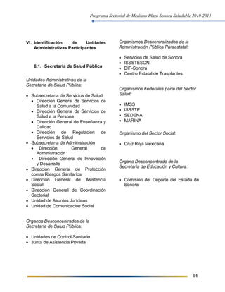Programa Sectorial de Mediano Plazo Sonora Saludable 2010-2015
64
VI. Identificación de Unidades
Administrativas Participantes
6.1. Secretaría de Salud Pública
Unidades Administrativas de la
Secretaría de Salud Pública:
 Subsecretaría de Servicios de Salud
 Dirección General de Servicios de
Salud a la Comunidad
 Dirección General de Servicios de
Salud a la Persona
 Dirección General de Enseñanza y
Calidad
 Dirección de Regulación de
Servicios de Salud
 Subsecretaría de Administración
 Dirección General de
Administración
 Dirección General de Innovación
y Desarrollo
 Dirección General de Protección
contra Riesgos Sanitarios
 Dirección General de Asistencia
Social
 Dirección General de Coordinación
Sectorial
 Unidad de Asuntos Jurídicos
 Unidad de Comunicación Social
Órganos Desconcentrados de la
Secretaría de Salud Pública:
 Unidades de Control Sanitario
 Junta de Asistencia Privada
Organismos Descentralizados de la
Administración Pública Paraestatal:
 Servicios de Salud de Sonora
 ISSSTESON
 DIF-Sonora
 Centro Estatal de Trasplantes
Organismos Federales parte del Sector
Salud:
 IMSS
 ISSSTE
 SEDENA
 MARINA
Organismo del Sector Social:
 Cruz Roja Mexicana
Órgano Desconcentrado de la
Secretaría de Educación y Cultura:
 Comisión del Deporte del Estado de
Sonora
 