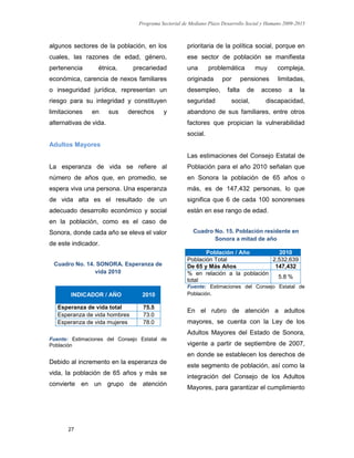Programa Sectorial de Mediano Plazo Desarrollo Social y Humano 2009-2015
27
algunos sectores de la población, en los
cuales, las razones de edad, género,
pertenencia étnica, precariedad
económica, carencia de nexos familiares
o inseguridad jurídica, representan un
riesgo para su integridad y constituyen
limitaciones en sus derechos y
alternativas de vida.
Adultos Mayores
La esperanza de vida se refiere al
número de años que, en promedio, se
espera viva una persona. Una esperanza
de vida alta es el resultado de un
adecuado desarrollo económico y social
en la población, como es el caso de
Sonora, donde cada año se eleva el valor
de este indicador.
Cuadro No. 14. SONORA. Esperanza de
vida 2010
INDICADOR / AÑO 2010
Esperanza de vida total 75.5
Esperanza de vida hombres 73.0
Esperanza de vida mujeres 78.0
Fuente: Estimaciones del Consejo Estatal de
Población
Debido al incremento en la esperanza de
vida, la población de 65 años y más se
convierte en un grupo de atención
prioritaria de la política social, porque en
ese sector de población se manifiesta
una problemática muy compleja,
originada por pensiones limitadas,
desempleo, falta de acceso a la
seguridad social, discapacidad,
abandono de sus familiares, entre otros
factores que propician la vulnerabilidad
social.
Las estimaciones del Consejo Estatal de
Población para el año 2010 señalan que
en Sonora la población de 65 años o
más, es de 147,432 personas, lo que
significa que 6 de cada 100 sonorenses
están en ese rango de edad.
Cuadro No. 15. Población residente en
Sonora a mitad de año
Población / Año 2010
Población Total 2,532,639
De 65 y Más Años 147,432
% en relación a la población
total
5.8 %
Fuente: Estimaciones del Consejo Estatal de
Población.
En el rubro de atención a adultos
mayores, se cuenta con la Ley de los
Adultos Mayores del Estado de Sonora,
vigente a partir de septiembre de 2007,
en donde se establecen los derechos de
este segmento de población, así como la
integración del Consejo de los Adultos
Mayores, para garantizar el cumplimiento
 