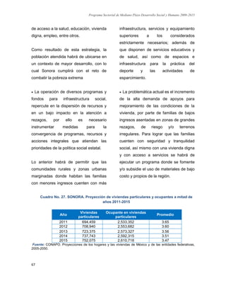 Programa Sectorial de Mediano Plazo Desarrollo Social y Humano 2009-2015
67
de acceso a la salud, educación, vivienda
digna, empleo, entre otros.
Como resultado de esta estrategia, la
población atendida habrá de ubicarse en
un contexto de mayor desarrollo, con lo
cual Sonora cumplirá con el reto de
combatir la pobreza extrema
 La operación de diversos programas y
fondos para infraestructura social,
repercute en la dispersión de recursos y
en un bajo impacto en la atención a
rezagos, por ello es necesario
instrumentar medidas para la
convergencia de programas, recursos y
acciones integrales que atiendan las
prioridades de la política social estatal.
Lo anterior habrá de permitir que las
comunidades rurales y zonas urbanas
marginadas donde habitan las familias
con menores ingresos cuenten con más
infraestructura, servicios y equipamiento
superiores a los considerados
estrictamente necesarios; además de
que disponen de servicios educativos y
de salud, así como de espacios e
infraestructura para la práctica del
deporte y las actividades de
esparcimiento.
 La problemática actual es el incremento
de la alta demanda de apoyos para
mejoramiento de las condiciones de la
vivienda, por parte de familias de bajos
ingresos asentadas en zonas de grandes
rezagos, de riesgo y/o terrenos
irregulares. Para lograr que las familias
cuenten con seguridad y tranquilidad
social, así mismo con una vivienda digna
y con acceso a servicios se habrá de
ejecutar un programa donde se fomente
y/o subsidie el uso de materiales de bajo
costo y propios de la región.
Cuadro No. 27. SONORA. Proyección de viviendas particulares y ocupantes a mitad de
años 2011-2015
Año
Viviendas
particulares
Ocupante en viviendas
particulares
Promedio
2011 694,459 2,533,352 3.65
2012 708,940 2,553,682 3.60
2013 723,375 2,573,327 3.56
2014 737,743 2,592,315 3.51
2015 752,075 2,610,718 3.47
Fuente: CONAPO. Proyecciones de los hogares y las viviendas de México y de las entidades federativas,
2005-2050.
 