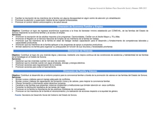 Programa Sectorial de Mediano Plazo Desarrollo Social y Humano 2009-2015
93
 Facilitar la inscripción de los miembros de la familia con alguna discapacidad en algún centro de atención y/o rehabilitación.
 Promover la atención y supervisión médica de las mujeres embarazadas.
 Promover el control médico anticonceptivo y de salud sexual.
Dimensión de Economía Familiar y Empleo
Objetivo: Contribuir al logro de ingresos económicos superiores a la línea de bienestar mínimo establecido por CONEVAL, de las familias del Estado de
Sonora mejorando la economía familiar y el acceso al empleo.
Servicios:
 Promover la inscripción de los adultos mayores a los programas: Oportunidades, CreSer con el Adulto Mayor y, 70 y Más.
 Promover el Registro en el Servicio Nacional de Empleo de los miembros de la familia sin trabajo.
 Promover que los miembros de la familia en edad de trabajar reciban capacitación para el desarrollo y fortalecimiento de competencias laborales y
capacidades productivas.
 Promover que los miembros de la familia apliquen a los programas de apoyo a proyectos productivos.
 Brindar asesoría a la familia para organizar su presupuesto en función de sus recursos y necesidades prioritarias.
Dimensión de Vivienda
Objetivo: Contribuir al logro de una vivienda digna y decorosa, mediante una mejora continua de las condiciones de existencia y habitabilidad de las familias
de la Estrategia en el Estado de Sonora.
Servicios:
 Gestionar que las viviendas cuenten con piso de concreto.
 Gestionar que la vivienda cuente con agua entubada, drenaje y energía eléctrica.
 Promover acciones para regularización de la vivienda.
 Promover acciones para evitar el hacinamiento.
Dimensión de Familia y Valores
Objetivo: Contribuir al desarrollo de un entorno propicio para la convivencia familiar a través de la promoción de valores en las familias del Estado de Sonora.
Servicios:
 Brindar cursos y talleres para el manejo adecuado de conflictos.
 Brindar cursos y talleres de capacitación de formación cívica y de valores, para mejorar la convivencia familiar.
 Ofrecer formación e información sobre derechos humanos.
 Canalizar a las familias que presentan violencia intrafamiliar a instituciones que brinden atención en esos conflictos.
 Fomentar la distribución equitativa de las tareas del hogar.
 Promover en la familia la importancia de las prácticas cotidianas de conversación.
 Promover en los miembros de la familia el reconocimiento y la realización de acciones respecto a la equidad de género.
Fuente: Secretaría de Desarrollo Social del Gobierno del Estado de Sonora.
 