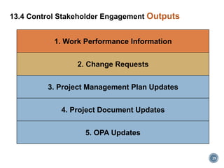 29
13.4 Control Stakeholder Engagement Outputs
1. Work Performance Information
2. Change Requests
3. Project Management Plan Updates
4. Project Document Updates
5. OPA Updates
 