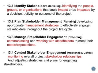 3
• 13.1 Identify Stakeholders (Initiating) identifying the people,
groups, or organizations that could impact or be impacted by
a decision, activity, or outcome of the project.
• 13.2 Plan Stakeholder Management (Planning) developing
appropriate management strategies to effectively engage
stakeholders throughout the project life cycle.
• 13.3 Manage Stakeholder Engagement (Executing)
communicating and working with stakeholders to meet their
needs/expectations.
• 13.4 Control Stakeholder Engagement (Monitoring & Control)
monitoring overall project stakeholder relationships
And adjusting strategies and plans for engaging
stakeholders.
 