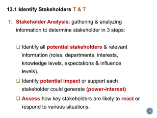 8
13.1 Identify Stakeholders T & T
1. Stakeholder Analysis: gathering & analyzing
information to determine stakeholder in 3 steps:
 Identify all potential stakeholders & relevant
information (roles, departments, interests,
knowledge levels, expectations & influence
levels).
 Identify potential impact or support each
stakeholder could generate (power-interest)
 Assess how key stakeholders are likely to react or
respond to various situations.
 
