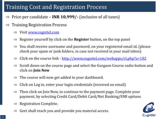 1010
Training Cost and Registration Process
⇨ Price per candidate – INR 10,999/- (inclusive of all taxes)
⇨ Training Registration Process
⇨ Visit www.cognitel.com
⇨ Register yourself by click on the Register button, on the top panel
⇨ You shall receive username and password, on your registered email id. (please
check your spam or junk folders, in case not received in your mail inbox)
⇨ Click on the course link - http://www.cognitel.com/webapps/cl.php?a=182
⇨ Scroll down on the course page and select the Gurgaon Course radio button and
click on Join Now
⇨ The course will now get added to your dashboard.
⇨ Click on Log in, enter your login credentials (received on email)
⇨ Then click on Join Now, to continue to the payment page. Complete your
payment, by selecting Credit Card/Debit Card/Net Banking/EMI options
⇨ Registration Complete.
⇨ Geet shall reach you and provide you material access.
 