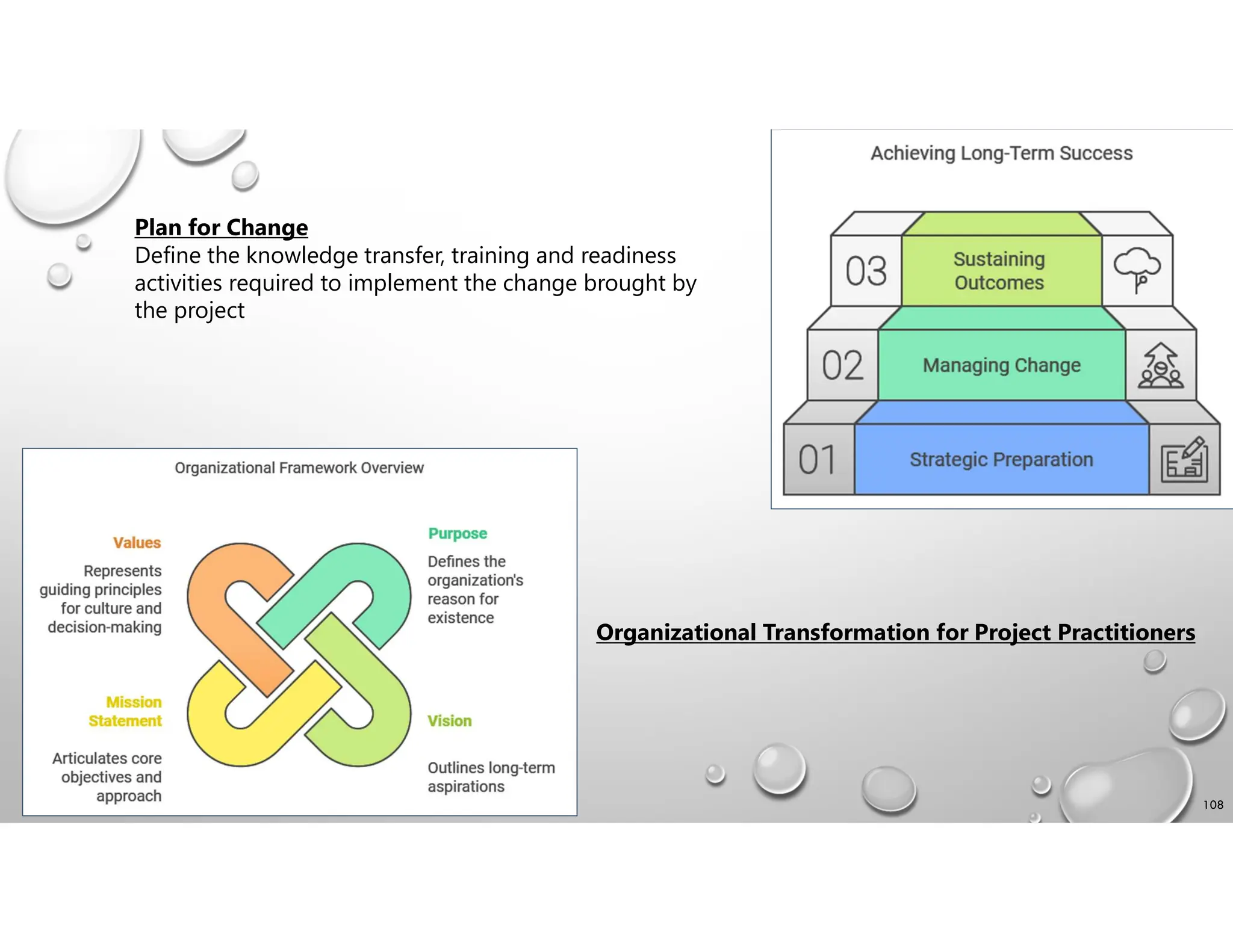 108
Plan for Change
Define the knowledge transfer, training and readiness
activities required to implement the change brought by
the project
Organizational Transformation for Project Practitioners
 