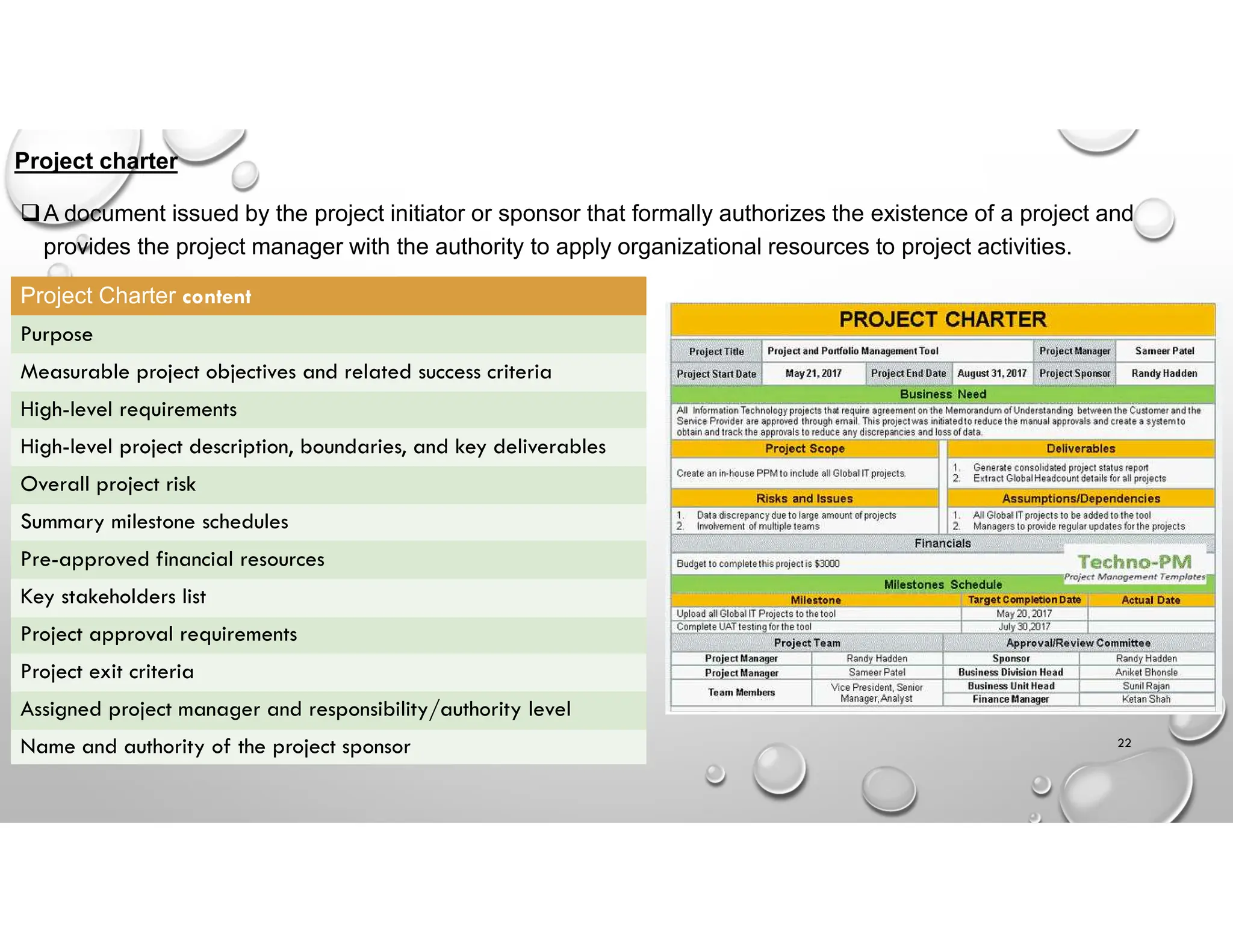Project charter
A document issued by the project initiator or sponsor that formally authorizes the existence of a project and
provides the project manager with the authority to apply organizational resources to project activities.
Project Charter content
Purpose
Measurable project objectives and related success criteria
High-level requirements
High-level project description, boundaries, and key deliverables
Overall project risk
Summary milestone schedules
Pre-approved financial resources
Key stakeholders list
Project approval requirements
Project exit criteria
Assigned project manager and responsibility/authority level
Name and authority of the project sponsor 22
 