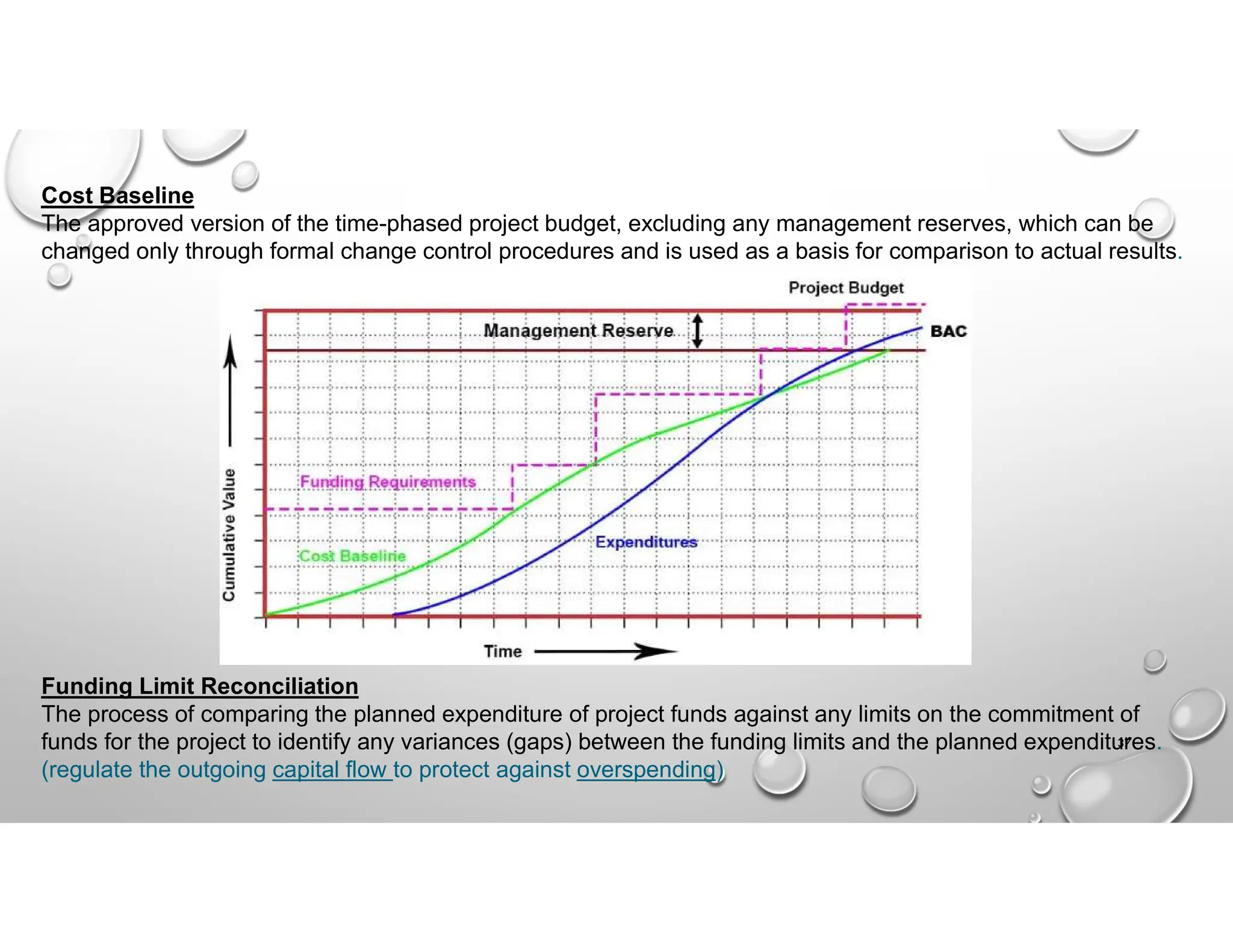 Cost Baseline
The approved version of the time-phased project budget, excluding any management reserves, which can be
changed only through formal change control procedures and is used as a basis for comparison to actual results.
Funding Limit Reconciliation
The process of comparing the planned expenditure of project funds against any limits on the commitment of
funds for the project to identify any variances (gaps) between the funding limits and the planned expenditures.
(regulate the outgoing capital flow to protect against overspending)
37
 