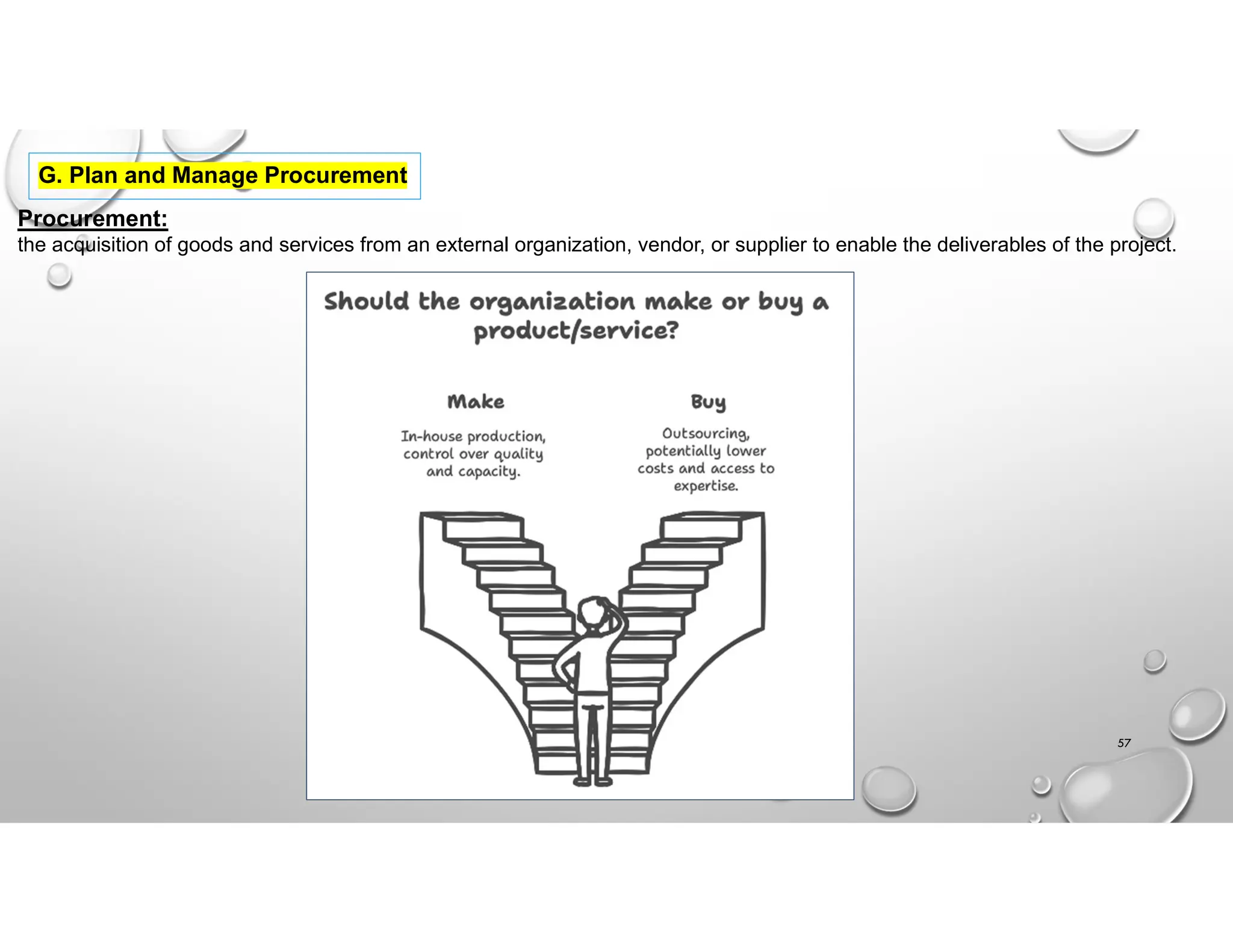 57
G. Plan and Manage Procurement
Procurement:
the acquisition of goods and services from an external organization, vendor, or supplier to enable the deliverables of the project.
 