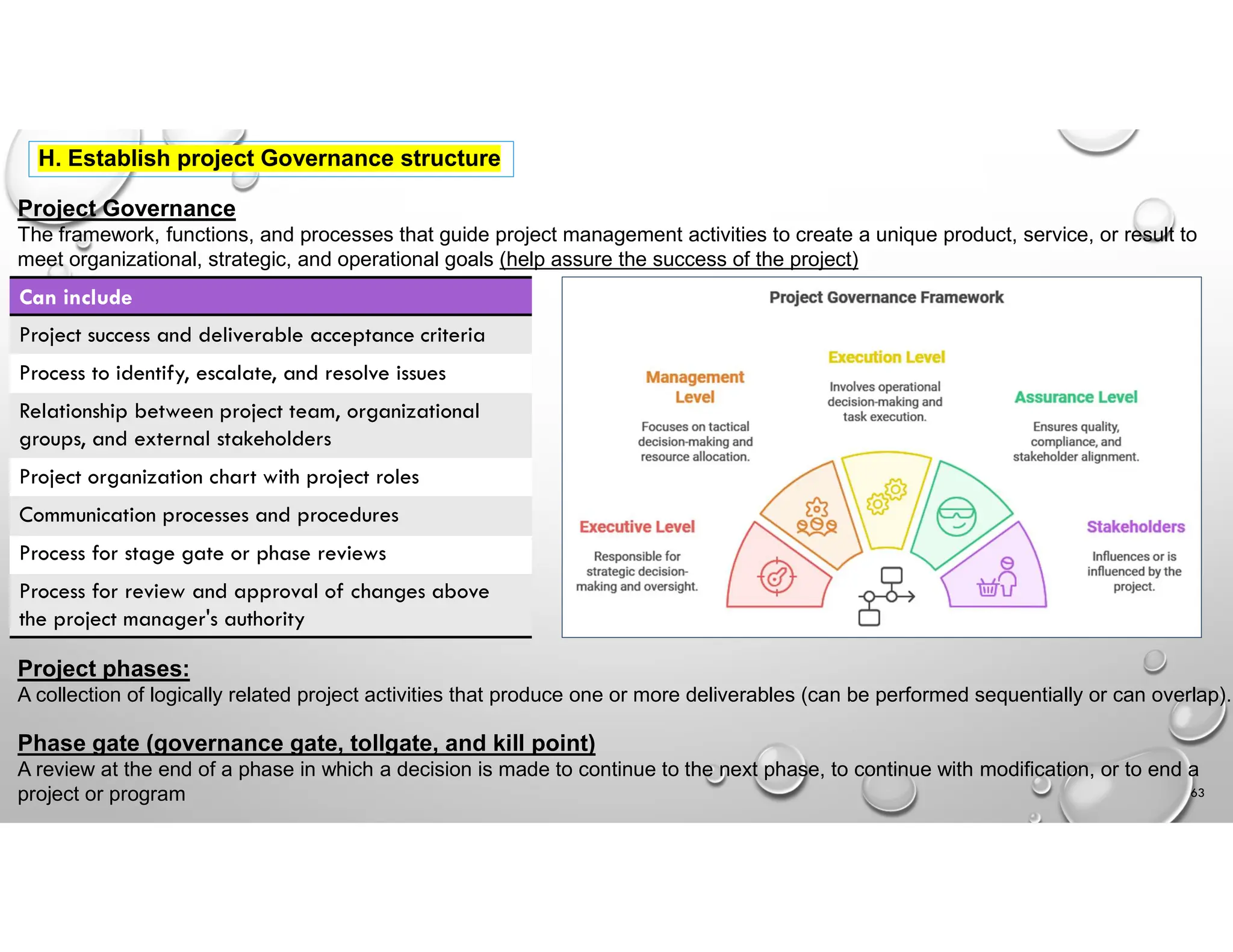 H. Establish project Governance structure
Project Governance
The framework, functions, and processes that guide project management activities to create a unique product, service, or result to
meet organizational, strategic, and operational goals (help assure the success of the project)
Can include
Project success and deliverable acceptance criteria
Process to identify, escalate, and resolve issues
Relationship between project team, organizational
groups, and external stakeholders
Project organization chart with project roles
Communication processes and procedures
Process for stage gate or phase reviews
Process for review and approval of changes above
the project manager's authority
Project phases:
A collection of logically related project activities that produce one or more deliverables (can be performed sequentially or can overlap).
Phase gate (governance gate, tollgate, and kill point)
A review at the end of a phase in which a decision is made to continue to the next phase, to continue with modification, or to end a
project or program 63
 