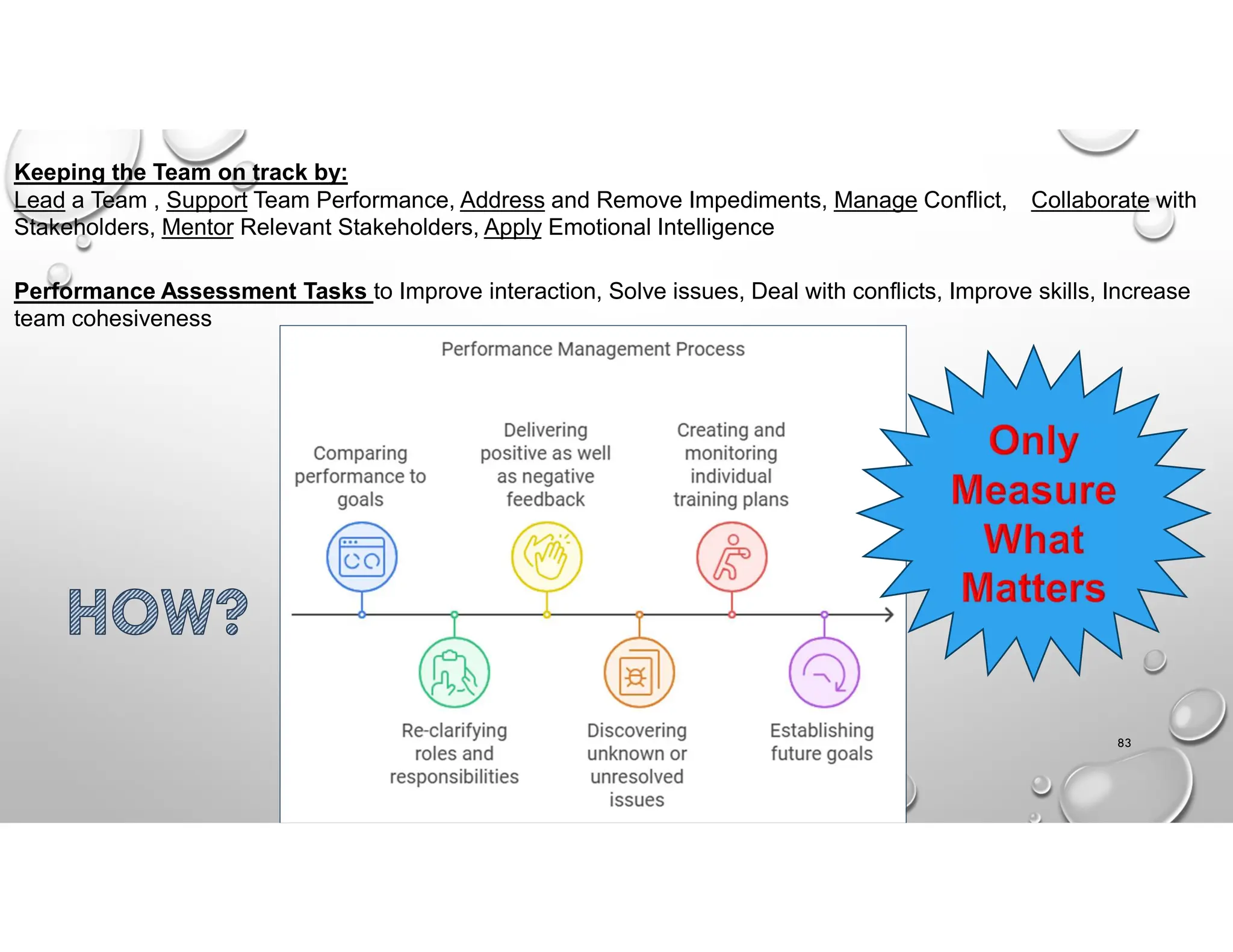 83
Keeping the Team on track by:
Lead a Team , Support Team Performance, Address and Remove Impediments, Manage Conflict, Collaborate with
Stakeholders, Mentor Relevant Stakeholders, Apply Emotional Intelligence
Performance Assessment Tasks to Improve interaction, Solve issues, Deal with conflicts, Improve skills, Increase
team cohesiveness
 