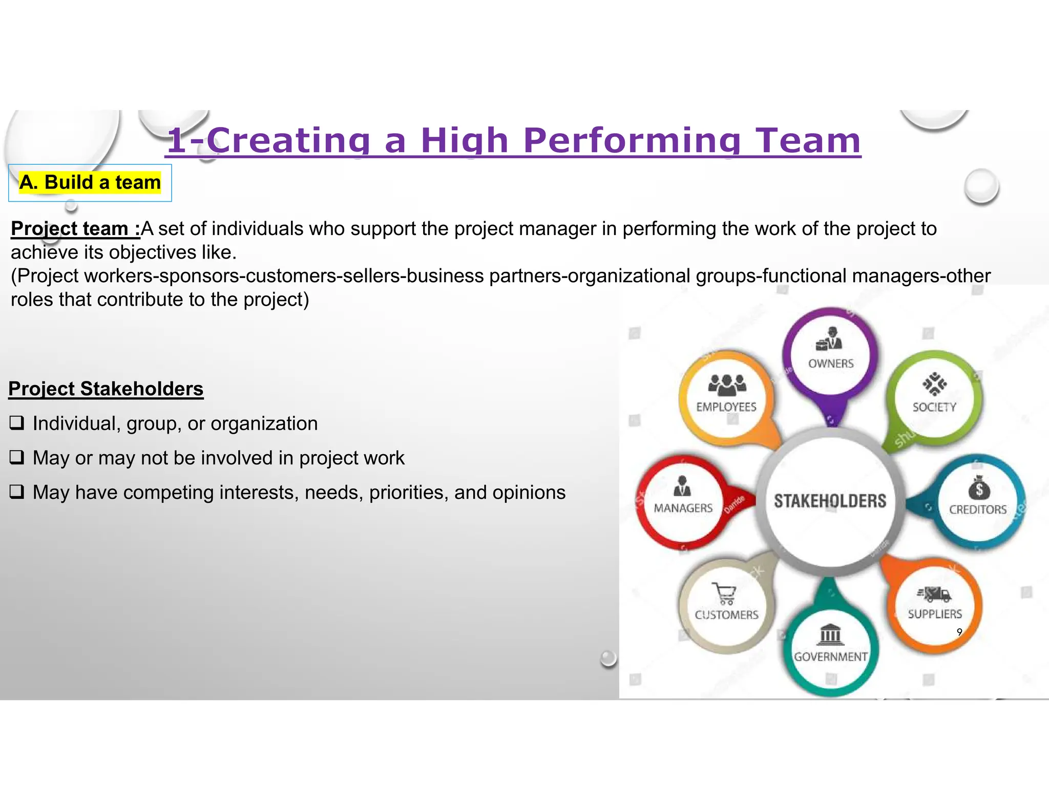 Project team :A set of individuals who support the project manager in performing the work of the project to
achieve its objectives like.
(Project workers-sponsors-customers-sellers-business partners-organizational groups-functional managers-other
roles that contribute to the project)
Project Stakeholders
 Individual, group, or organization
 May or may not be involved in project work
 May have competing interests, needs, priorities, and opinions
9
A. Build a team
 