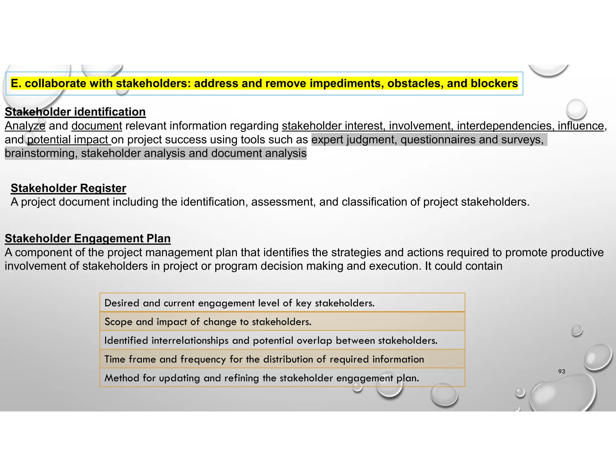 93
E. collaborate with stakeholders: address and remove impediments, obstacles, and blockers
Stakeholder identification
Analyze and document relevant information regarding stakeholder interest, involvement, interdependencies, influence,
and potential impact on project success using tools such as expert judgment, questionnaires and surveys,
brainstorming, stakeholder analysis and document analysis
Stakeholder Register
A project document including the identification, assessment, and classification of project stakeholders.
Stakeholder Engagement Plan
A component of the project management plan that identifies the strategies and actions required to promote productive
involvement of stakeholders in project or program decision making and execution. It could contain
Desired and current engagement level of key stakeholders.
Scope and impact of change to stakeholders.
Identified interrelationships and potential overlap between stakeholders.
Time frame and frequency for the distribution of required information
Method for updating and refining the stakeholder engagement plan.
 