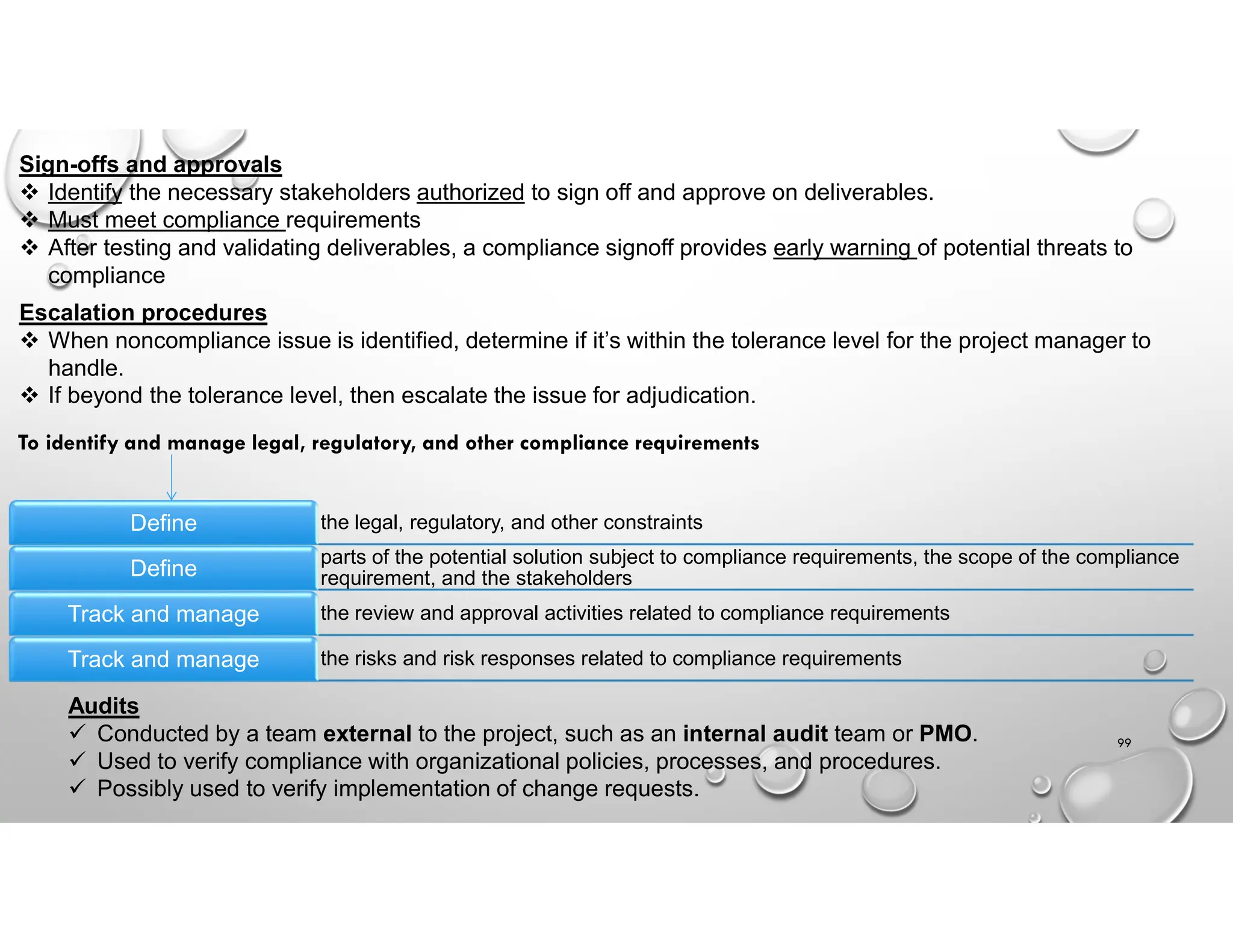 99
Sign-offs and approvals
 Identify the necessary stakeholders authorized to sign off and approve on deliverables.
 Must meet compliance requirements
 After testing and validating deliverables, a compliance signoff provides early warning of potential threats to
compliance
Escalation procedures
 When noncompliance issue is identified, determine if it’s within the tolerance level for the project manager to
handle.
 If beyond the tolerance level, then escalate the issue for adjudication.
the legal, regulatory, and other constraints
Define
parts of the potential solution subject to compliance requirements, the scope of the compliance
requirement, and the stakeholders
Define
the review and approval activities related to compliance requirements
Track and manage
the risks and risk responses related to compliance requirements
Track and manage
To identify and manage legal, regulatory, and other compliance requirements
Audits
 Conducted by a team external to the project, such as an internal audit team or PMO.
 Used to verify compliance with organizational policies, processes, and procedures.
 Possibly used to verify implementation of change requests.
 