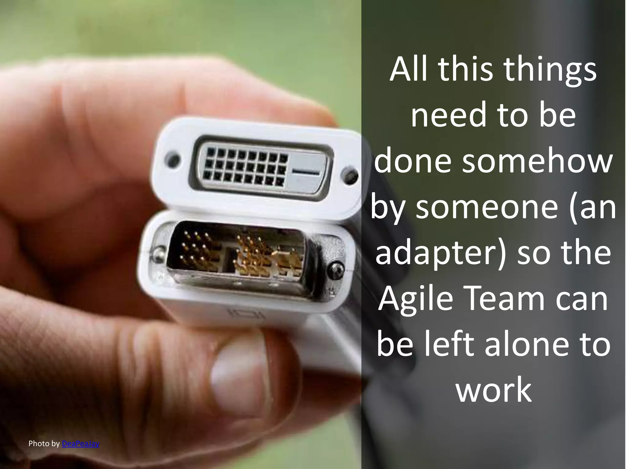 All this things
need to be
done somehow
by someone (an
adapter) so the
Agile Team can
be left alone to
work
Photo by DeaPeaJay
 