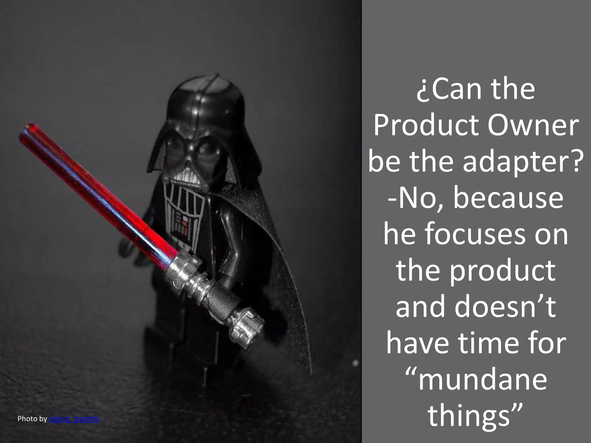 ¿Can the
Product Owner
be the adapter?
-No, because
he focuses on
the product
and doesn’t
have time for
“mundane
things”Photo by digital_stability
 