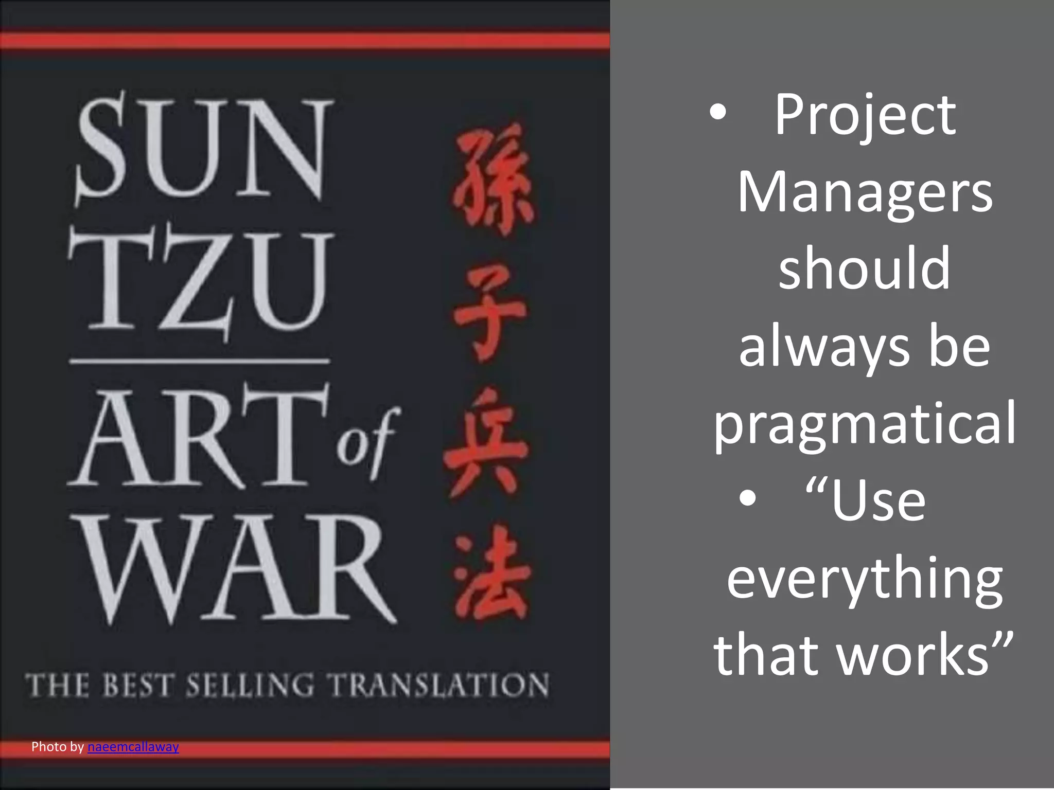 • Project
Managers
should
always be
pragmatical
• “Use
everything
that works”
Photo by naeemcallaway
 