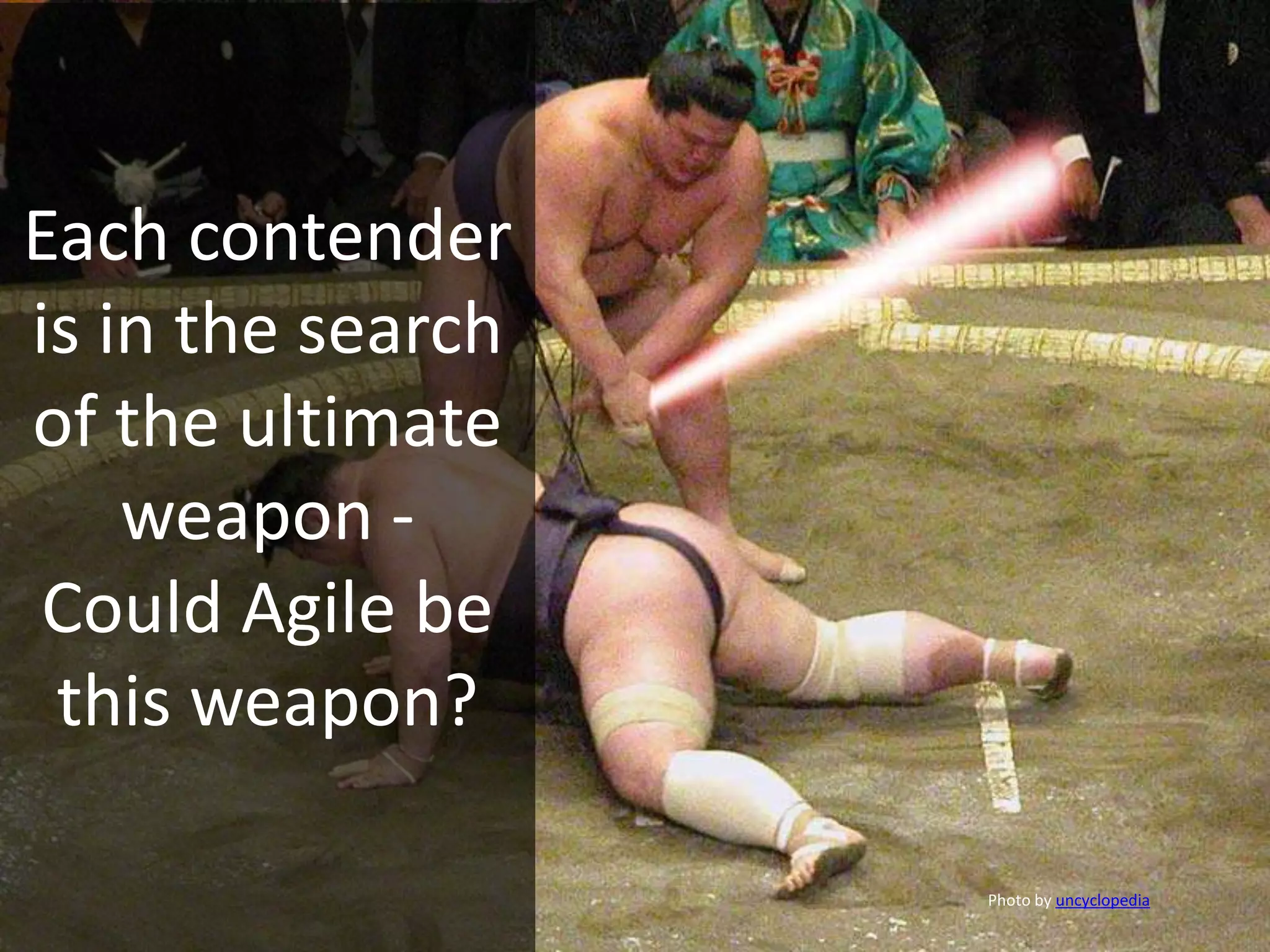 Each contender
is in the search
of the ultimate
weapon -
Could Agile be
this weapon?
Photo by uncyclopedia
 