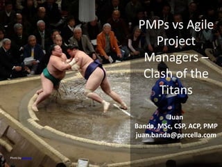 PMPs vs Agile
Project
Managers –
Clash of the
Titans
Juan
Banda, MSc, CSP, ACP, PMP
juan.banda@percella.com
Photo by jenjetsai
 