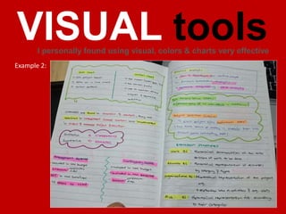 VISUAL toolsI personally found using visual, colors & charts very effective
Example 1:
 