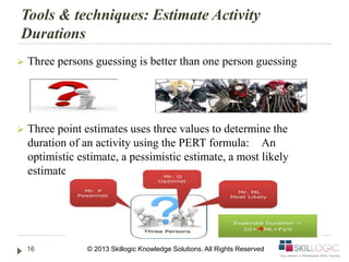 Tools & techniques: Estimate Activity
Durations
 Three persons guessing is better than one person guessing
 Three point ...