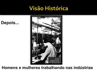 Homens e mulheres trabalhando nas indústrias Depois... 