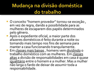 O conceito “homem provedor” tornou-se exceção , em vez de regra, dando a possibilidade para as mulheres de escaparem dos papéis determinados pelo gênero. Após o expediente oficial, a maior parte dos afazeres domésticos é feito durante a noite ou tomando mais tempo nos fins de semana para manter a casa funcionando tranquilamente. Em  classes mais baixas  , homens vem  dividindo  o trabalho doméstico com as mulheres. Em  classes altas  a divisão de responsabilidades em casa é quase  igualitário  entre o homem e a mulher. Mas a mulher não larga o fardo de deixar de assumir toda a responsabilidade. 
