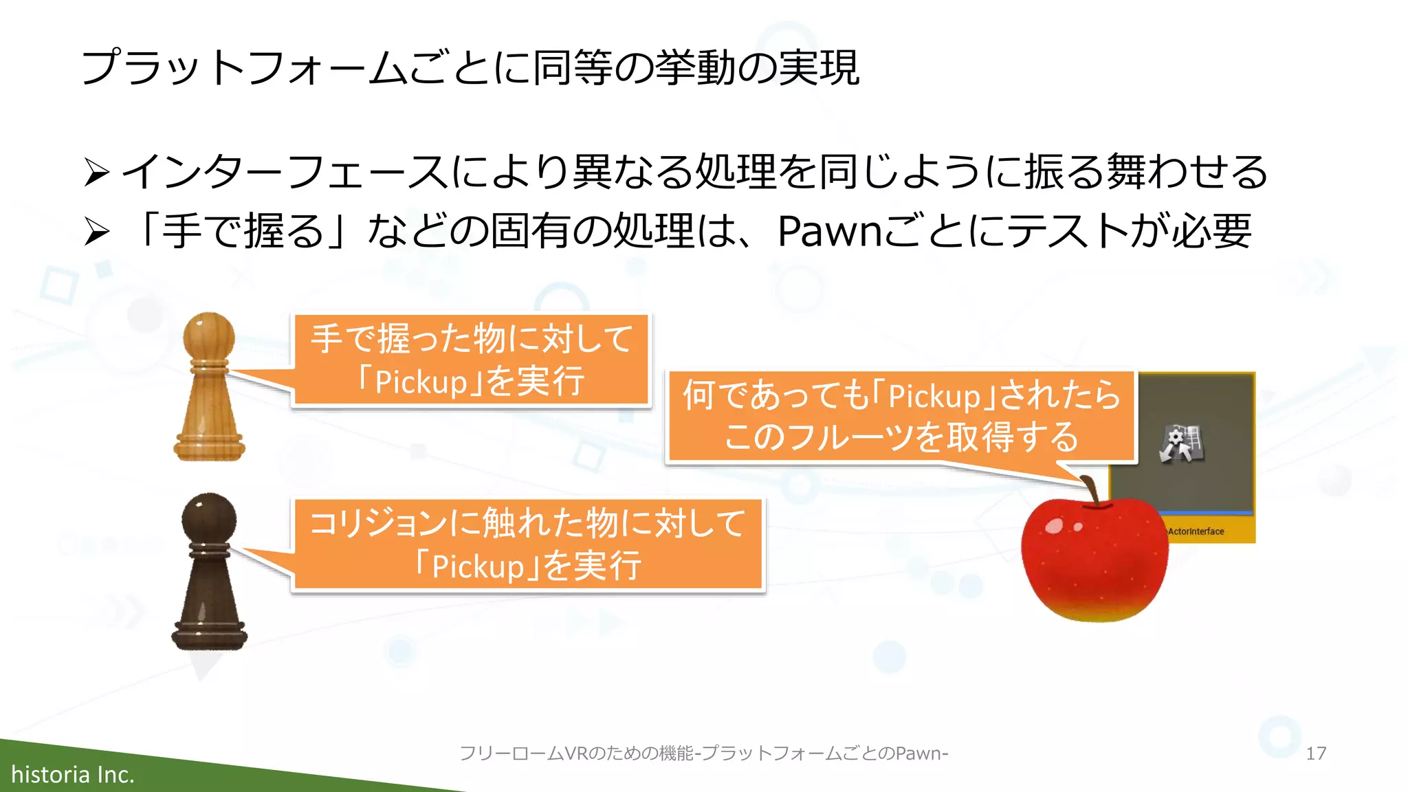 historia Inc.
プラットフォームごとに同等の挙動の実現
 インターフェースにより異なる処理を同じように振る舞わせる
 「手で握る」などの固有の処理は、Pawnごとにテストが必要
フリーロームVRのための機能-プラットフォームごとのPawn- 17
手で握った物に対して
「Pickup」を実行
コリジョンに触れた物に対して
「Pickup」を実行
何であっても「Pickup」されたら
このフルーツを取得する
 