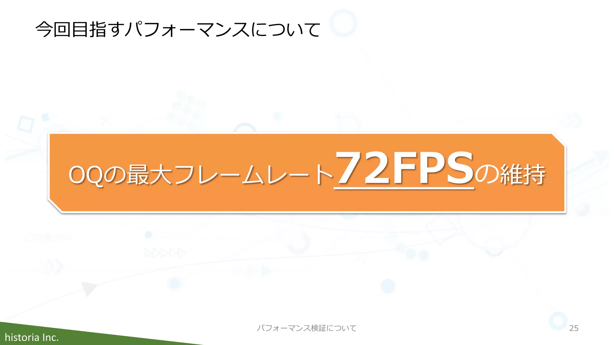 historia Inc.
今回目指すパフォーマンスについて
パフォーマンス検証について 25
OQの最大フレームレート72FPSの維持
 