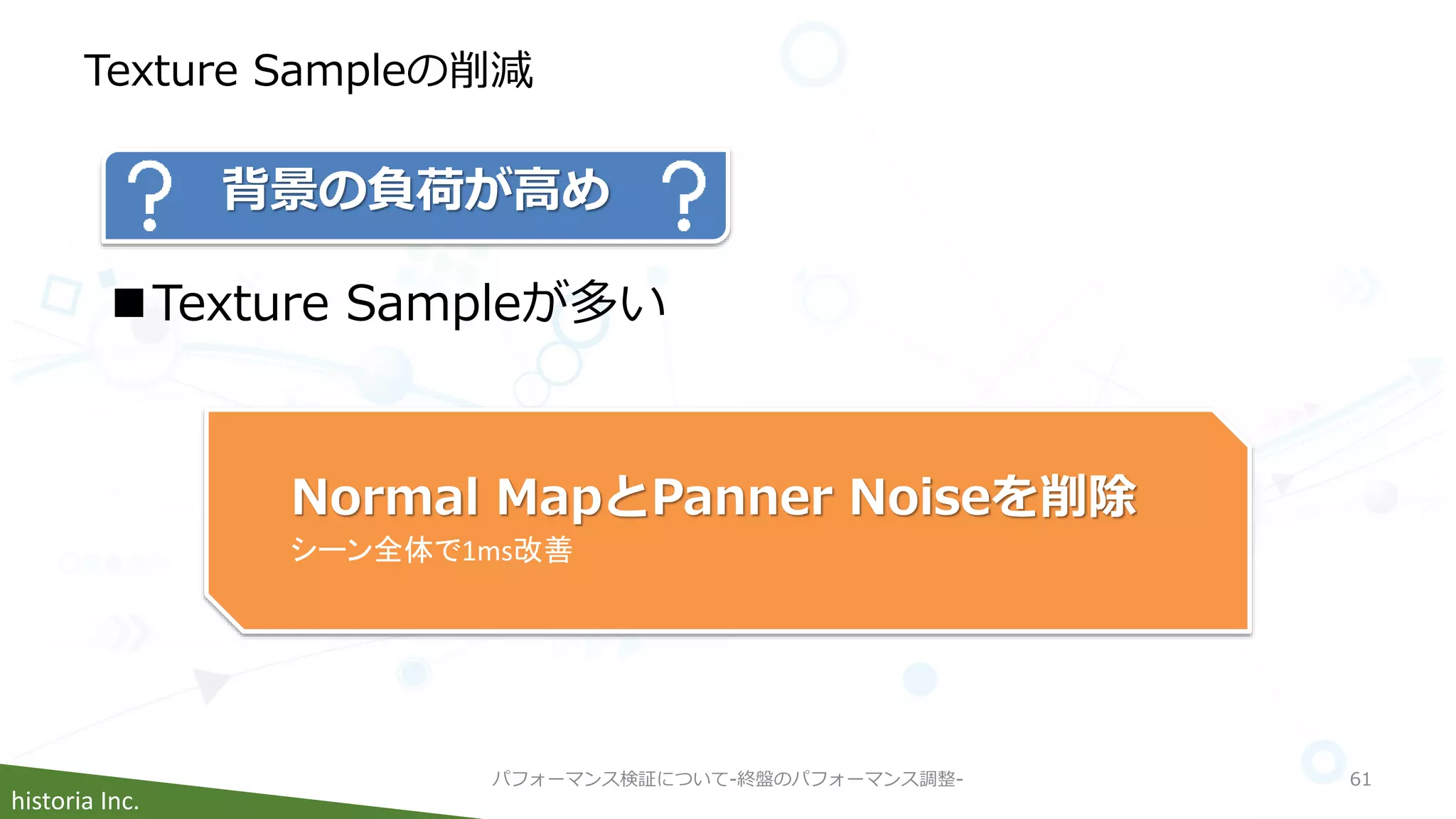 historia Inc.
Texture Sampleの削減
パフォーマンス検証について-終盤のパフォーマンス調整- 61
背景の負荷が高め
Normal MapとPanner Noiseを削除
シーン全体で1ms改善
Texture Sampleが多い
 
