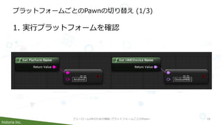 historia Inc.
プラットフォームごとのPawnの切り替え (1/3)
1. 実行プラットフォームを確認
フリーロームVRのための機能-プラットフォームごとのPawn- 18
 