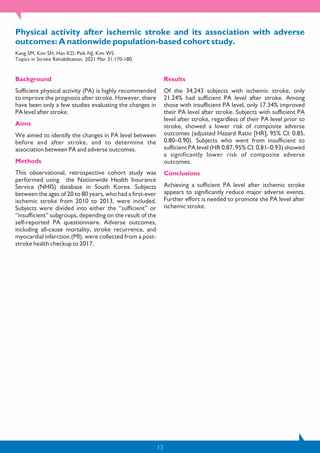 13
Physical activity after ischemic stroke and its association with adverse
outcomes: A nationwide population-based cohort study.
Kang SM, Kim SH, Han KD, Paik NJ, Kim WS.
Topics in Stroke Rehabilitation. 2021 Mar 31:170-180.
Background
Sufficient physical activity (PA) is highly recommended
to improve the prognosis after stroke. However, there
have been only a few studies evaluating the changes in
PA level after stroke.
Aims
We aimed to identify the changes in PA level between
before and after stroke, and to determine the
association between PA and adverse outcomes.
Methods
This observational, retrospective cohort study was
performed using the Nationwide Health Insurance
Service (NHIS) database in South Korea. Subjects
between the ages of 20 to 80 years, who had a first-ever
ischemic stroke from 2010 to 2013, were included.
Subjects were divided into either the “sufficient” or
“insufficient” subgroups, depending on the result of the
self-reported PA questionnaire. Adverse outcomes,
including all-cause mortality, stroke recurrence, and
myocardial infarction (MI), were collected from a post-
stroke health checkup to 2017.
Results
Of the 34,243 subjects with ischemic stroke, only
21.24% had sufficient PA level after stroke. Among
those with insufficient PA level, only 17.34% improved
their PA level after stroke. Subjects with sufficient PA
level after stroke, regardless of their PA level prior to
stroke, showed a lower risk of composite adverse
outcomes (adjusted Hazard Ratio [HR], 95% CI: 0.85,
0.80–0.90). Subjects who went from insufficient to
sufficient PA level (HR 0.87, 95% CI: 0.81–0.93) showed
a significantly lower risk of composite adverse
outcomes.
Conclusions
Achieving a sufficient PA level after ischemic stroke
appears to significantly reduce major adverse events.
Further effort is needed to promote the PA level after
ischemic stroke.
 