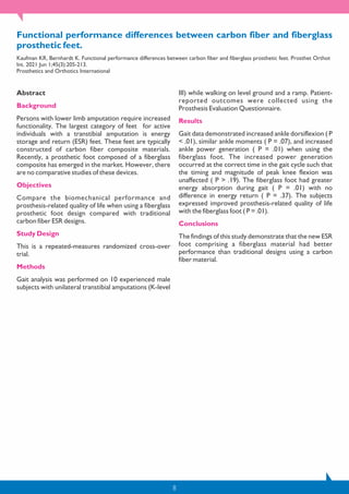 8
Functional performance differences between carbon fiber and fiberglass
prosthetic feet.
Kaufman KR, Bernhardt K. Functional performance differences between carbon fiber and fiberglass prosthetic feet. Prosthet Orthot
Int. 2021 Jun 1;45(3):205-213.
Prosthetics and Orthotics International
Abstract
Background
Persons with lower limb amputation require increased
functionality. The largest category of feet for active
individuals with a transtibial amputation is energy
storage and return (ESR) feet. These feet are typically
constructed of carbon fiber composite materials.
Recently, a prosthetic foot composed of a fiberglass
composite has emerged in the market. However, there
are no comparative studies of these devices.
Objectives
Compare the biomechanical performance and
prosthesis-related quality of life when using a fiberglass
prosthetic foot design compared with traditional
carbon fiber ESR designs.
Study Design
This is a repeated-measures randomized cross-over
trial.
Methods
Gait analysis was performed on 10 experienced male
subjects with unilateral transtibial amputations (K-level
III) while walking on level ground and a ramp. Patient-
reported outcomes were collected using the
Prosthesis Evaluation Questionnaire.
Results
Gait data demonstrated increased ankle dorsiflexion ( P
< .01), similar ankle moments ( P = .07), and increased
ankle power generation ( P = .01) when using the
fiberglass foot. The increased power generation
occurred at the correct time in the gait cycle such that
the timing and magnitude of peak knee flexion was
unaffected ( P > .19). The fiberglass foot had greater
energy absorption during gait ( P = .01) with no
difference in energy return ( P = .37). The subjects
expressed improved prosthesis-related quality of life
with the fiberglass foot ( P = .01).
Conclusions
The findings of this study demonstrate that the new ESR
foot comprising a fiberglass material had better
performance than traditional designs using a carbon
fiber material.
 