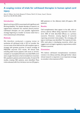 A scoping review of trials for cell-based therapies in human spinal cord
injury
Alice G. Willison, Sam Smith, Benjamin M. Davies, Mark R. N. Kotter, Susan C. Barnett
Spinal Cord 58, 844–856 (2020).
Introduction:
Spinal cord injury (SCI) is associated with significant and
life-long disability. Yet, despite decades of research, no
regenerative treatment has reached clinical practice.
Cell-based therapies are one possible regenerative
strategy beginning to transfer to human trials from a
more extensive pre-clinical basis.
Methods:
We therefore conducted a scoping review to
synthesise all cell-based trials in SCI to consider the
current state of the field and the cell transplant type or
strategy with greatest promise. A search strategy of
MEDLINE returned 1513 results. All clinical trials
including adult human patients with acute or chronic,
compete or incomplete SCI and a recorded ASIA score
were sought. Exclusion criteria included non-traumatic
SCI, paediatric patients and animal studies. A total of 43
studies, treating 1061 patients, were identified. Most
trials evaluated cells from the bone marrow (22 papers,
660 patients) or the olfactory bulb (10 papers, 245
patients).
Results:
Cell transplantation does appear to be safe, with no
serious adverse effects being reported in the short-
term. 86% of trials described efficacy as a primary
outcome. However, varying degrees of outcome
reporting prevented meta-analysis. No emerging cell
type or technique was identified. The majority of trials,
53%, took place in developing countries, which may
suggest more stringent regulatory requirements within
Western countries.
Conclusion:
We believe cell-based transplantation translation
remains in its infancy and that, although further robust
clinical research is required, it is an important strategy
to consider in the treatment of SCI.
4
 