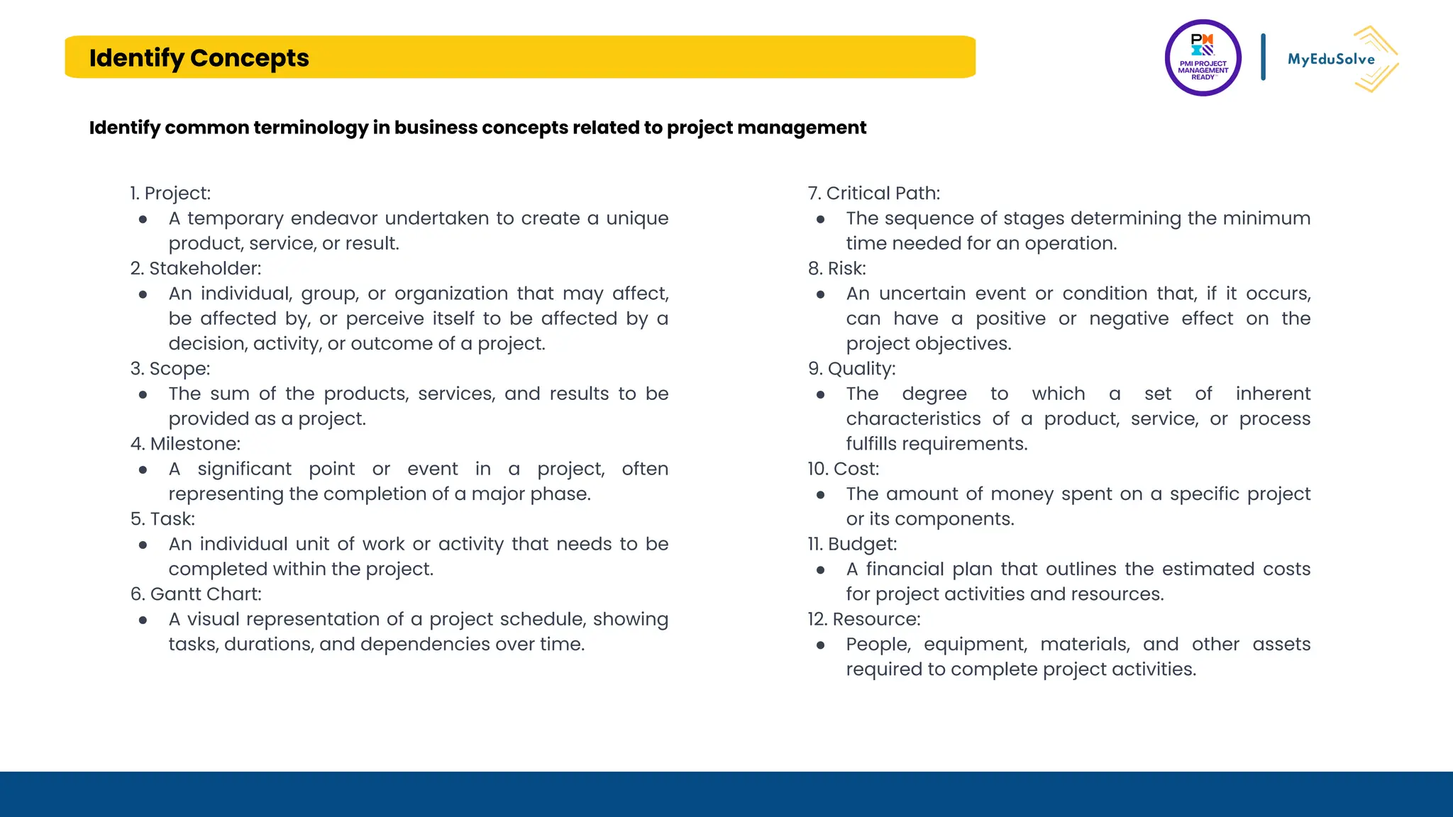 Identify Concepts
Identify common terminology in business concepts related to project management
1. Project:
● A temporary endeavor undertaken to create a unique
product, service, or result.
2. Stakeholder:
● An individual, group, or organization that may affect,
be affected by, or perceive itself to be affected by a
decision, activity, or outcome of a project.
3. Scope:
● The sum of the products, services, and results to be
provided as a project.
4. Milestone:
● A significant point or event in a project, often
representing the completion of a major phase.
5. Task:
● An individual unit of work or activity that needs to be
completed within the project.
6. Gantt Chart:
● A visual representation of a project schedule, showing
tasks, durations, and dependencies over time.
7. Critical Path:
● The sequence of stages determining the minimum
time needed for an operation.
8. Risk:
● An uncertain event or condition that, if it occurs,
can have a positive or negative effect on the
project objectives.
9. Quality:
● The degree to which a set of inherent
characteristics of a product, service, or process
fulfills requirements.
10. Cost:
● The amount of money spent on a specific project
or its components.
11. Budget:
● A financial plan that outlines the estimated costs
for project activities and resources.
12. Resource:
● People, equipment, materials, and other assets
required to complete project activities.
 
