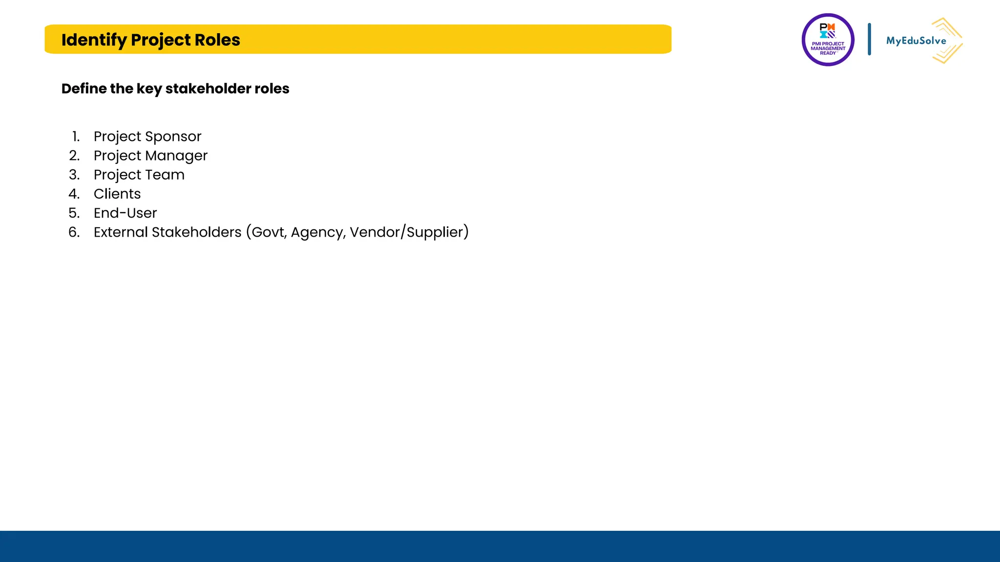Identify Project Roles
Define the key stakeholder roles
1. Project Sponsor
2. Project Manager
3. Project Team
4. Clients
5. End-User
6. External Stakeholders (Govt, Agency, Vendor/Supplier)
 