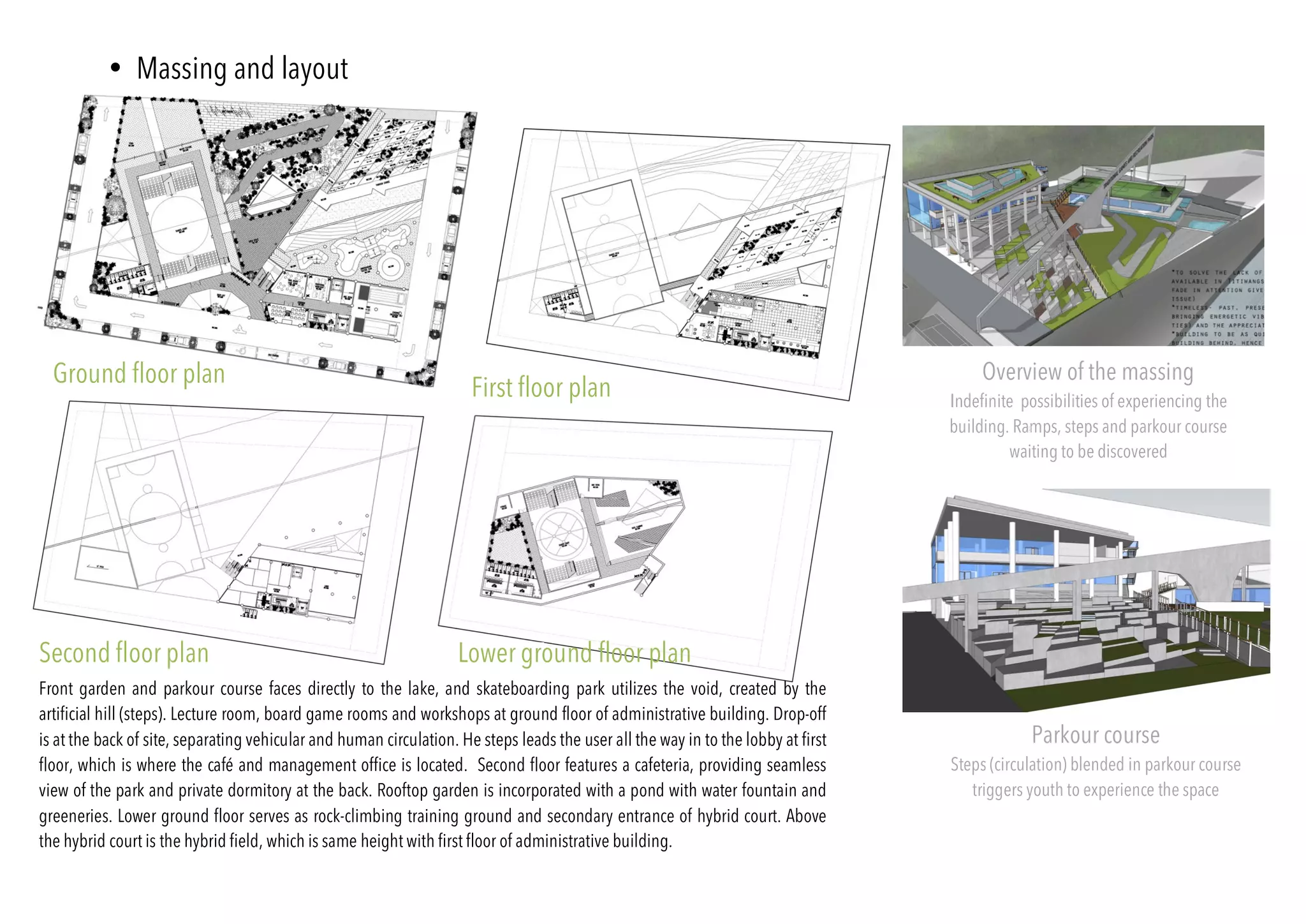 • Massing and layout
	
Ground floor plan	
First floor plan	
Second floor plan	 Lower ground floor plan	
Front garden and parkour course faces directly to the lake, and skateboarding park utilizes the void, created by the
artificial hill (steps). Lecture room, board game rooms and workshops at ground floor of administrative building. Drop-off
is at the back of site, separating vehicular and human circulation. He steps leads the user all the way in to the lobby at first
floor, which is where the café and management office is located. Second floor features a cafeteria, providing seamless
view of the park and private dormitory at the back. Rooftop garden is incorporated with a pond with water fountain and
greeneries. Lower ground floor serves as rock-climbing training ground and secondary entrance of hybrid court. Above
the hybrid court is the hybrid field, which is same height with first floor of administrative building.
Overview of the massing
Indefinite possibilities of experiencing the
building. Ramps, steps and parkour course
waiting to be discovered	
Parkour course
Steps (circulation) blended in parkour course
triggers youth to experience the space	
 