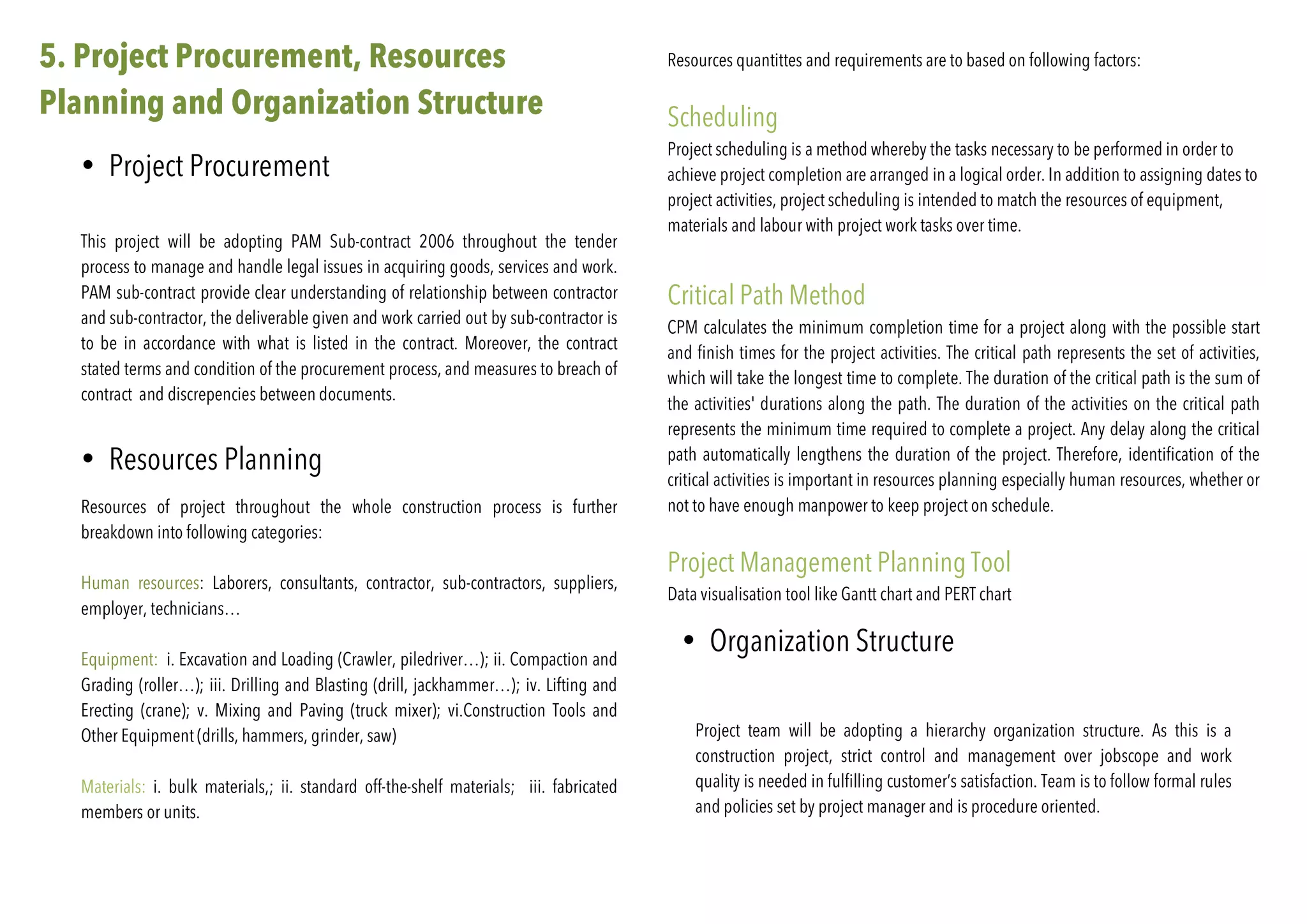 5. Project Procurement, Resources
Planning and Organization Structure
	
• Project Procurement
	
• Resources Planning
	
• Organization Structure
	
Resources of project throughout the whole construction process is further
breakdown into following categories:
Human resources: Laborers, consultants, contractor, sub-contractors, suppliers,
employer, technicians…
Equipment: i. Excavation and Loading (Crawler, piledriver…); ii. Compaction and
Grading (roller…); iii. Drilling and Blasting (drill, jackhammer…); iv. Lifting and
Erecting (crane); v. Mixing and Paving (truck mixer); vi.Construction Tools and
Other Equipment (drills, hammers, grinder, saw)
Materials: i. bulk materials,; ii. standard off-the-shelf materials; iii. fabricated
members or units.
This project will be adopting PAM Sub-contract 2006 throughout the tender
process to manage and handle legal issues in acquiring goods, services and work.
PAM sub-contract provide clear understanding of relationship between contractor
and sub-contractor, the deliverable given and work carried out by sub-contractor is
to be in accordance with what is listed in the contract. Moreover, the contract
stated terms and condition of the procurement process, and measures to breach of
contract and discrepencies between documents.
Resources quantittes and requirements are to based on following factors:
Scheduling
Project scheduling is a method whereby the tasks necessary to be performed in order to
achieve project completion are arranged in a logical order. In addition to assigning dates to
project activities, project scheduling is intended to match the resources of equipment,
materials and labour with project work tasks over time.
Critical Path Method
CPM calculates the minimum completion time for a project along with the possible start
and finish times for the project activities. The critical path represents the set of activities,
which will take the longest time to complete. The duration of the critical path is the sum of
the activities' durations along the path. The duration of the activities on the critical path
represents the minimum time required to complete a project. Any delay along the critical
path automatically lengthens the duration of the project. Therefore, identification of the
critical activities is important in resources planning especially human resources, whether or
not to have enough manpower to keep project on schedule.
Project Management Planning Tool
Data visualisation tool like Gantt chart and PERT chart
Project team will be adopting a hierarchy organization structure. As this is a
construction project, strict control and management over jobscope and work
quality is needed in fulfilling customer’s satisfaction. Team is to follow formal rules
and policies set by project manager and is procedure oriented.
 