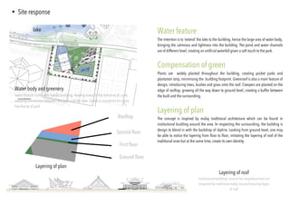• Site response
	
Water feature
The intention is to ‘extend’ the lake to the building, hence the large area of water body,
bringing the calmness and lightness into the building. The pond and water channels
are of different level, creating an artificial waterfall given a soft touch to the park.
Compensation of green
Plants are widely planted throughout the building, creating pocket parks and
plantation strip, minimising the building footprint. Greenroof is also a main feature of
design, introducing trees, bushes and grass onto the roof. Creepers are planted on the
edge of rooftop, growing all the way down to ground level, creating a buffer between
the built and the surrounding.
Layering of plan
The concept is inspired by malay traditional architecture which can be found in
institutional buidling around the area. In respecting the surrounding, the building is
design to blend in with the backdrop of skyline. Looking from ground level, one may
be able to notice the layering from floor to floor, imitating the layering of roof of the
traditional ones but at the same time, create its own identity.
Layering of plan	
Layering of roof
Institutional buildings around the neighbourhood are
oinspired by traditional malay houses featuring layers
of roof
Water body and greenery
water feature surrounds hybrid building, flowing towards the entrance of park,
creating connection between the park and the lake. Green is maximise to create
familiarity of park	
lake	
Rooftop	
First floor	
Second floor	
Ground floor	
 