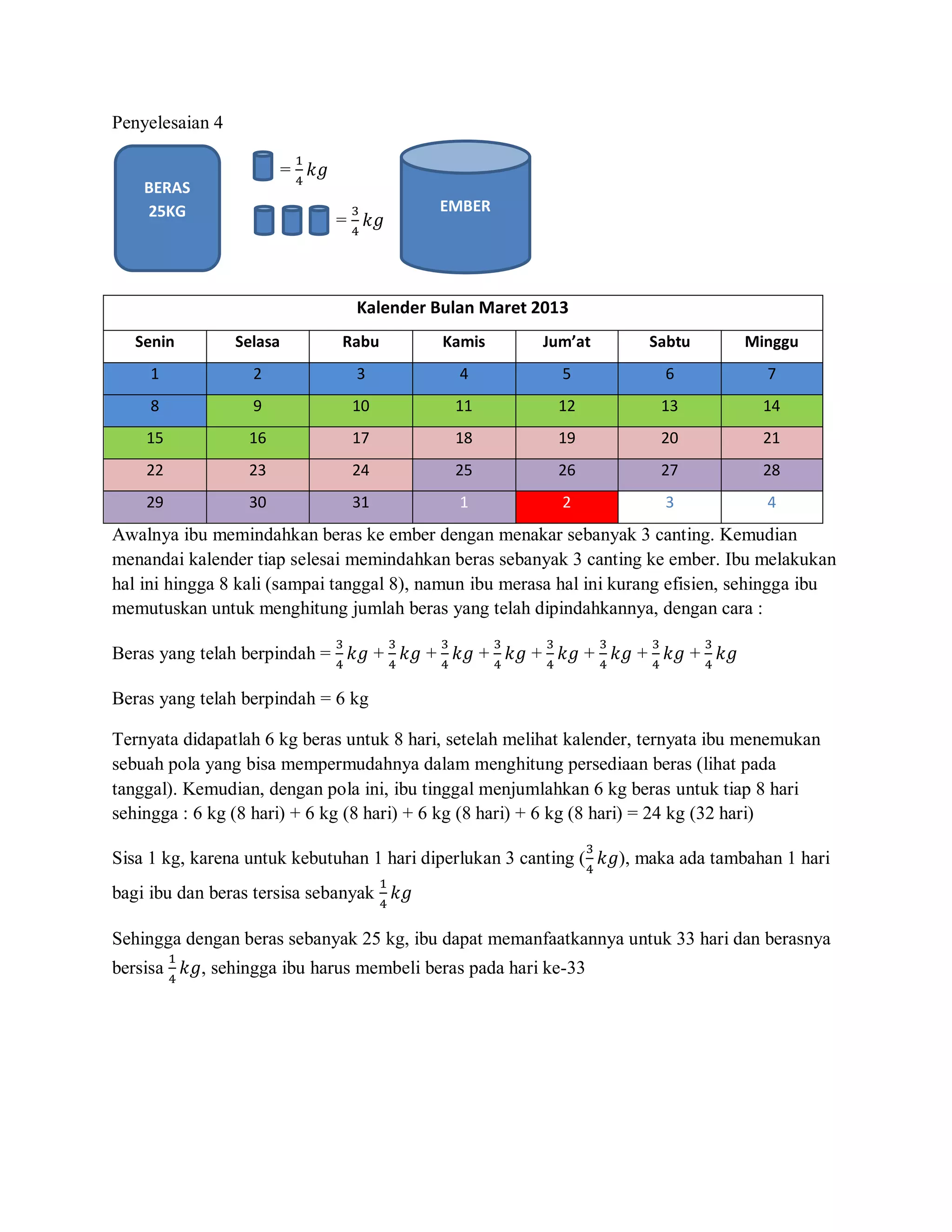 Penyelesaian 4
                              1
          =                  = 4 𝑘𝑔
    BERAS
    25KG                                  3            EMBER
                                      = 4 𝑘𝑔



                                          Kalender Bulan Maret 2013
   Senin            Selasa            Rabu             Kamis        Jum’at           Sabtu        Minggu
     1                2                   3                4            5                6          7
     8                9                   10               11           12               13         14
    15                16                  17               18           19               20         21
    22                23                  24               25           26               27         28
    29                30                  31               1            2                3          4
Awalnya ibu memindahkan beras ke ember dengan menakar sebanyak 3 canting. Kemudian
menandai kalender tiap selesai memindahkan beras sebanyak 3 canting ke ember. Ibu melakukan
hal ini hingga 8 kali (sampai tanggal 8), namun ibu merasa hal ini kurang efisien, sehingga ibu
memutuskan untuk menghitung jumlah beras yang telah dipindahkannya, dengan cara :
                                      3            3   3        3   3            3   3        3
Beras yang telah berpindah = 4 𝑘𝑔 + 4 𝑘𝑔 + 4 𝑘𝑔 + 4 𝑘𝑔 + 4 𝑘𝑔 + 4 𝑘𝑔 + 4 𝑘𝑔 + 4 𝑘𝑔

Beras yang telah berpindah = 6 kg

Ternyata didapatlah 6 kg beras untuk 8 hari, setelah melihat kalender, ternyata ibu menemukan
sebuah pola yang bisa mempermudahnya dalam menghitung persediaan beras (lihat pada
tanggal). Kemudian, dengan pola ini, ibu tinggal menjumlahkan 6 kg beras untuk tiap 8 hari
sehingga : 6 kg (8 hari) + 6 kg (8 hari) + 6 kg (8 hari) + 6 kg (8 hari) = 24 kg (32 hari)
                                                                             3
Sisa 1 kg, karena untuk kebutuhan 1 hari diperlukan 3 canting ( 4 𝑘𝑔), maka ada tambahan 1 hari
                                               1
bagi ibu dan beras tersisa sebanyak 4 𝑘𝑔

Sehingga dengan beras sebanyak 25 kg, ibu dapat memanfaatkannya untuk 33 hari dan berasnya
          1
bersisa       𝑘𝑔, sehingga ibu harus membeli beras pada hari ke-33
          4
 