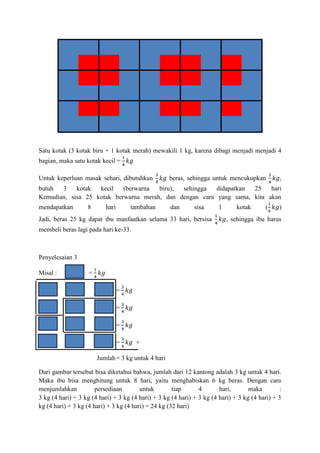 Satu kotak (3 kotak biru + 1 kotak merah) mewakili 1 kg, karena dibagi menjadi menjadi 4
bagian, maka satu kotak kecil =

...