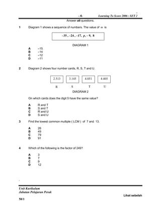 -
- 4- Learning To Score 2006 : SET 2
Unit Kurikulum
Jabatan Pelajaran Perak
Lihat sebelah
50/1
Answer all questions.
1 Diagram 1 shows a sequence of numbers. The value of m is
DIAGRAM 1
A –15
B –14
C –12
D –11
2 Diagram 2 shows four number cards, R, S, T and U.
DIAGRAM 2
On which cards does the digit 5 have the same value?
A R and T
B S and T
C R and U
D S and U
3 Find the lowest common multiple ( LCM ) of 7 and 13.
A 26
B 49
C 79
D 91
4 Which of the following is the factor of 249?
A 3
B 7
C 9
D 12
‘
2.513 3.145 4.051 4.405
R T U
–35 , –24 , –17, p, – 9, 8
S
 