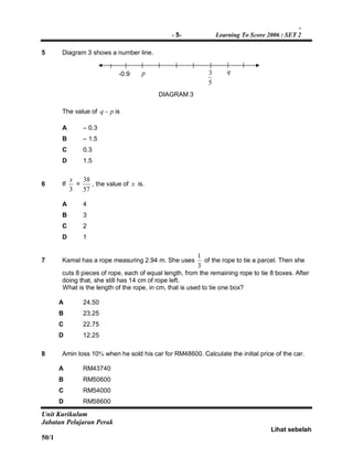 -
- 5- Learning To Score 2006 : SET 2
Unit Kurikulum
Jabatan Pelajaran Perak
Lihat sebelah
50/1
5 Diagram 3 shows a number line.
The value of q  p is
A – 0.3
B – 1.5
C 0.3
D 1.5
6 If
3
x
=
57
38
, the value of x is.
A 4
B 3
C 2
D 1
7 Kamal has a rope measuring 2.94 m. She uses
3
1
of the rope to tie a parcel. Then she
cuts 8 pieces of rope, each of equal length, from the remaining rope to tie 8 boxes. After
doing that, she still has 14 cm of rope left.
What is the length of the rope, in cm, that is used to tie one box?
A 24.50
B 23.25
C 22.75
D 12.25
8 Amin loss 10 when he sold his car for RM48600. Calculate the initial price of the car.
A RM43740
B RM50600
C RM54000
D RM58600
DIAGRAM 3
5
3p q-0.9
 
