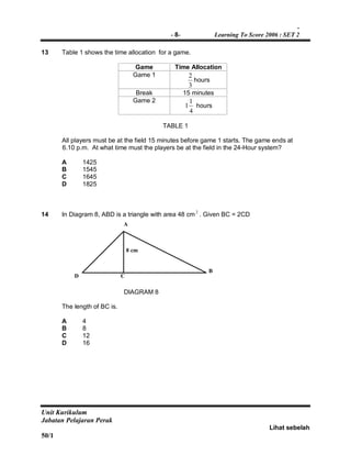 -
- 8- Learning To Score 2006 : SET 2
Unit Kurikulum
Jabatan Pelajaran Perak
Lihat sebelah
50/1
13 Table 1 shows the time allocation for a game.
Game Time Allocation
Game 1
3
2
hours
Break 15 minutes
Game 2
4
1
1 hours
TABLE 1
All players must be at the field 15 minutes before game 1 starts. The game ends at
6.10 p.m. At what time must the players be at the field in the 24-Hour system?
A 1425
B 1545
C 1645
D 1825
14 In Diagram 8, ABD is a triangle with area 48 cm2
. Given BC = 2CD
A
B
CD
8 cm
DIAGRAM 8
The length of BC is.
A 4
B 8
C 12
D 16
 